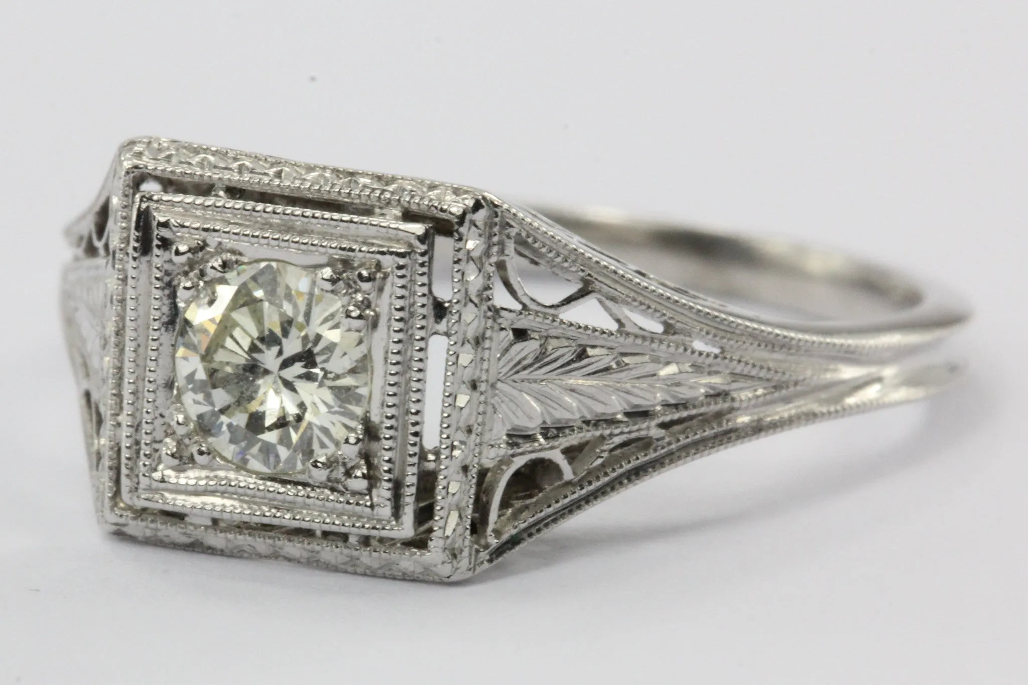 Antique Art Deco Platinum .40 Carat Transition Cut Diamond Engagement Ring