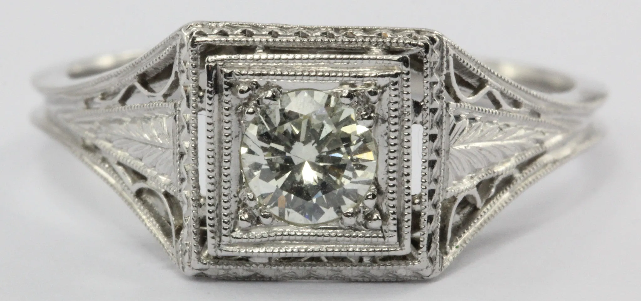 Antique Art Deco Platinum .40 Carat Transition Cut Diamond Engagement Ring