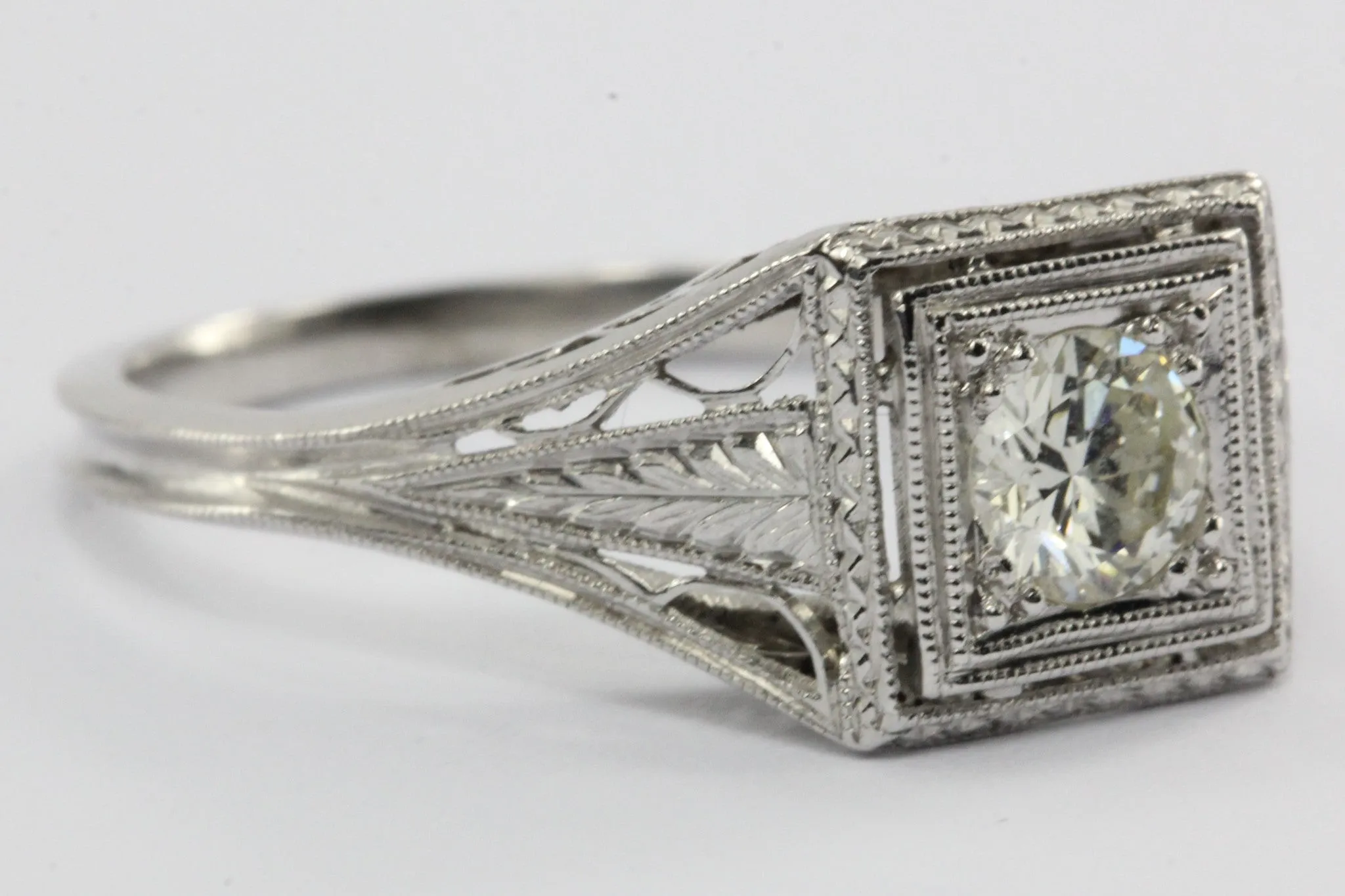 Antique Art Deco Platinum .40 Carat Transition Cut Diamond Engagement Ring