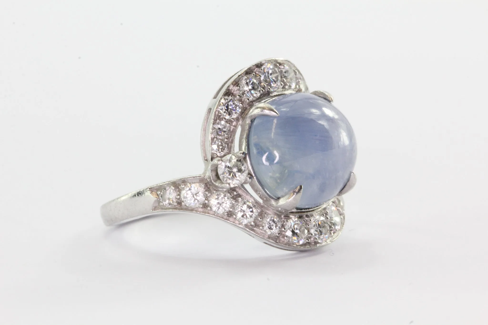 Antique Art Deco Platinum Diamond & 7.63 Carat Natural Blue Star Sapphire Ring