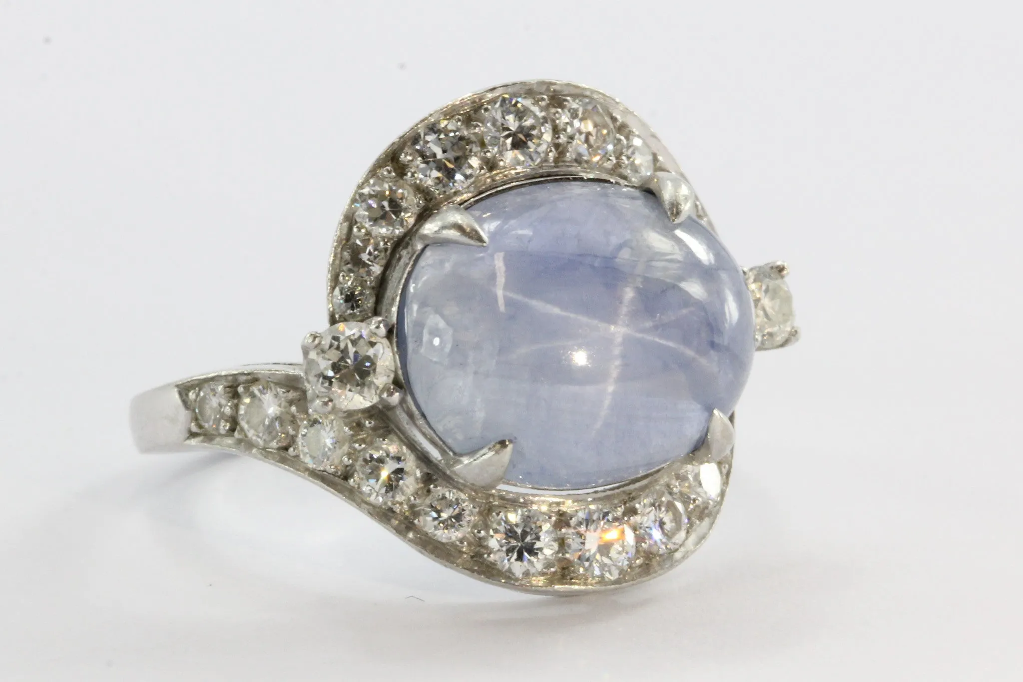 Antique Art Deco Platinum Diamond & 7.63 Carat Natural Blue Star Sapphire Ring