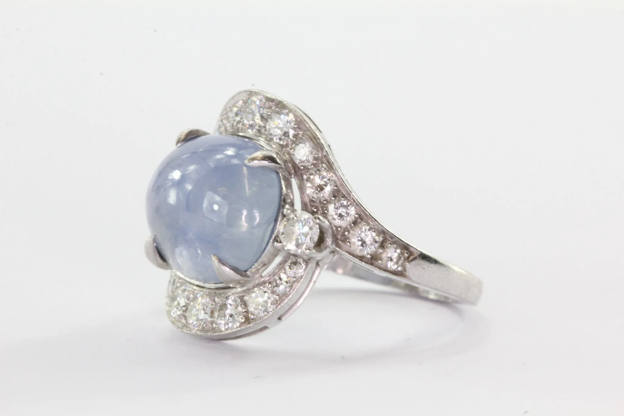 Antique Art Deco Platinum Diamond & 7.63 Carat Natural Blue Star Sapphire Ring