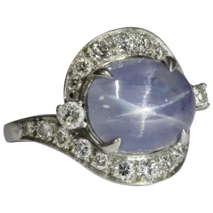 Antique Art Deco Platinum Diamond & 7.63 Carat Natural Blue Star Sapphire Ring