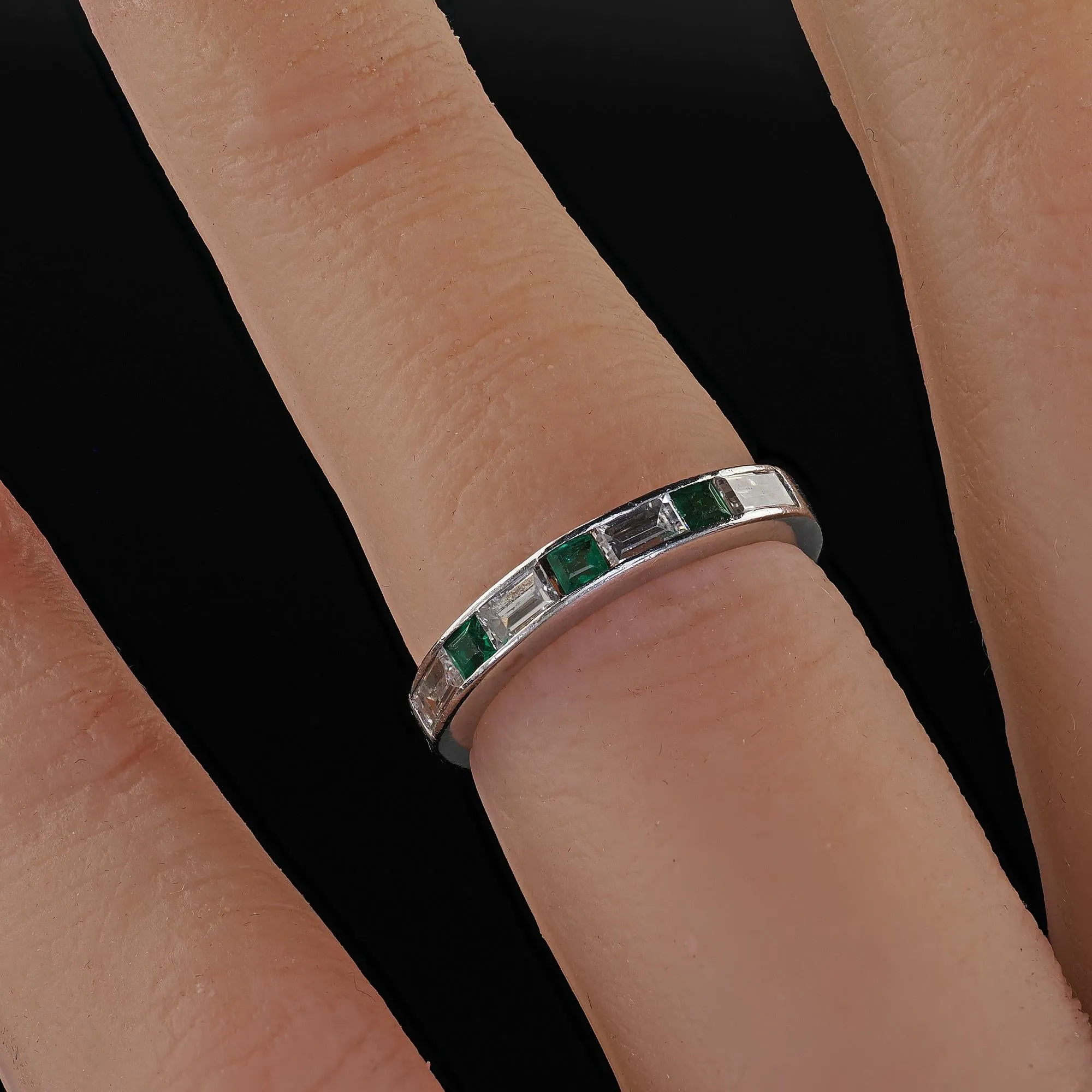 Antique Art Deco Platinum Diamond Baguette and Emerald Wedding Band - Size 3 3/4