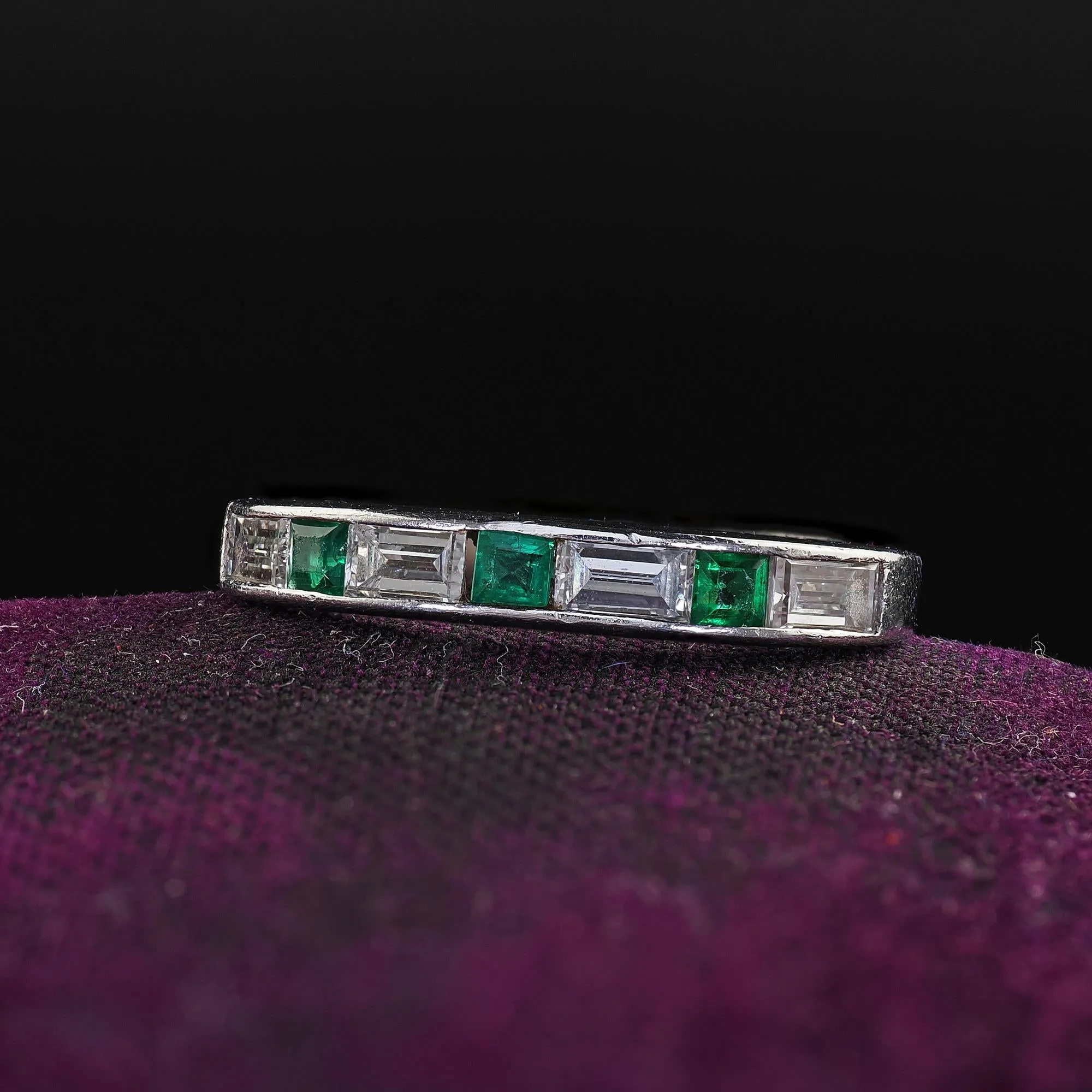 Antique Art Deco Platinum Diamond Baguette and Emerald Wedding Band - Size 3 3/4