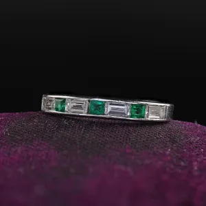 Antique Art Deco Platinum Diamond Baguette and Emerald Wedding Band - Size 3 3/4