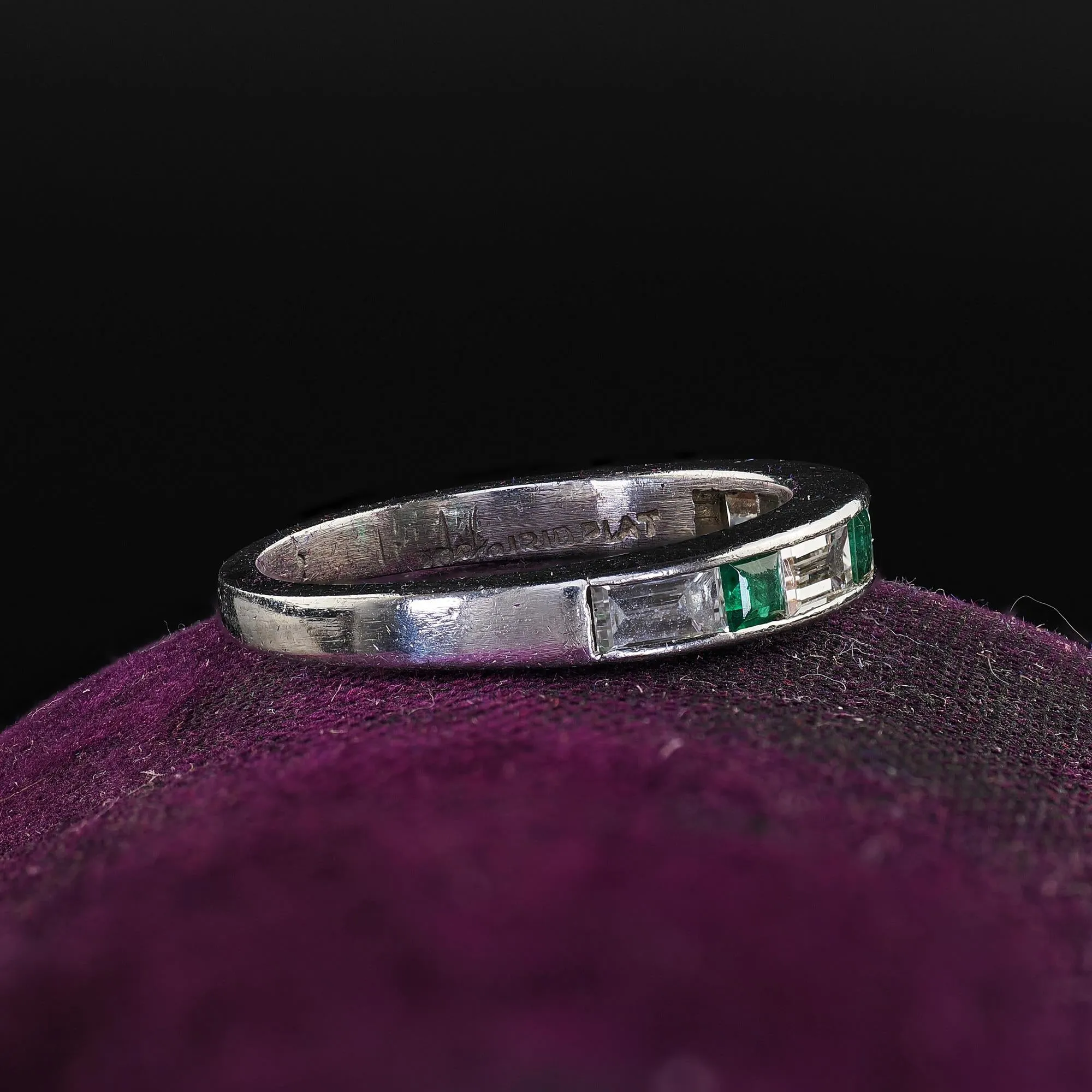 Antique Art Deco Platinum Diamond Baguette and Emerald Wedding Band - Size 3 3/4