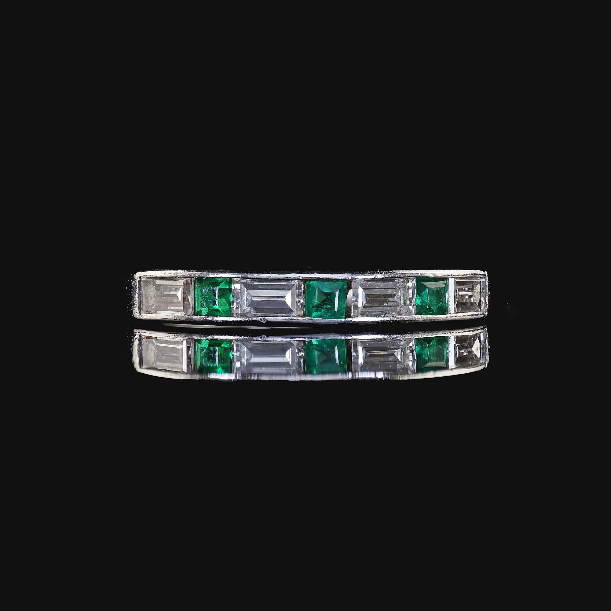 Antique Art Deco Platinum Diamond Baguette and Emerald Wedding Band - Size 3 3/4