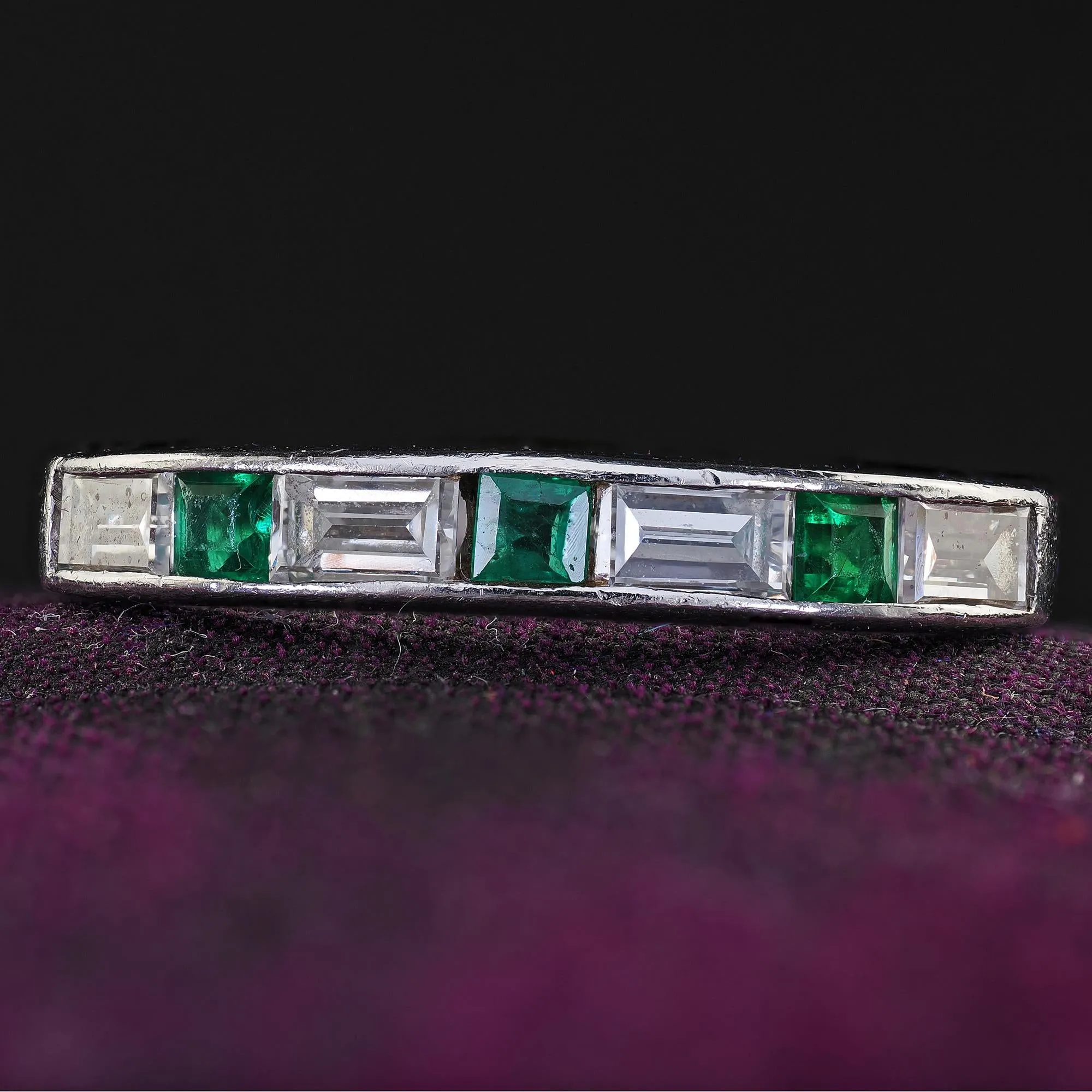 Antique Art Deco Platinum Diamond Baguette and Emerald Wedding Band - Size 3 3/4