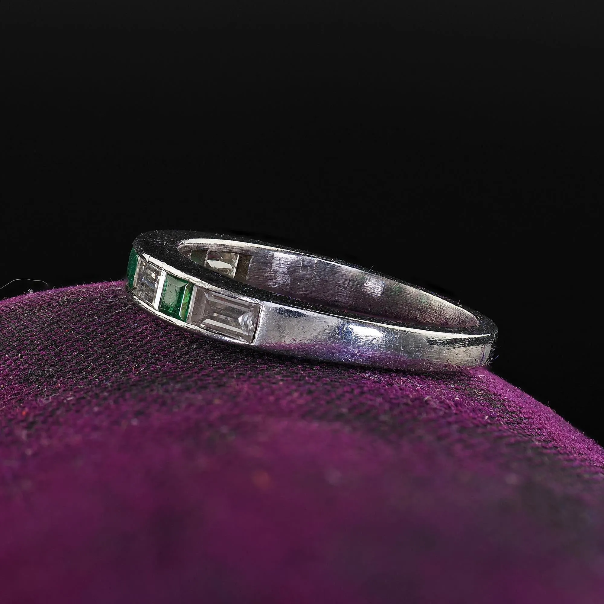 Antique Art Deco Platinum Diamond Baguette and Emerald Wedding Band - Size 3 3/4