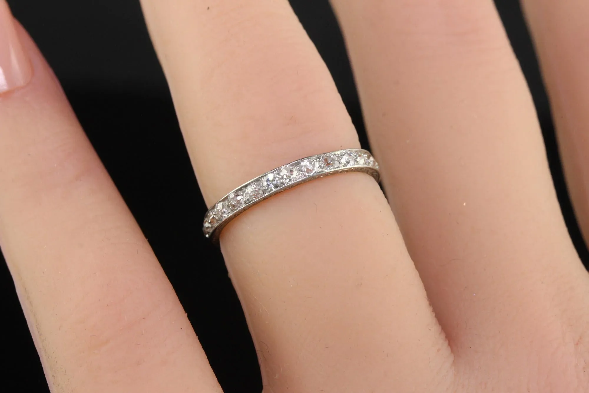Antique Art Deco Platinum Engraved Old Mine Diamond Eternity Band - Size 5 1/4