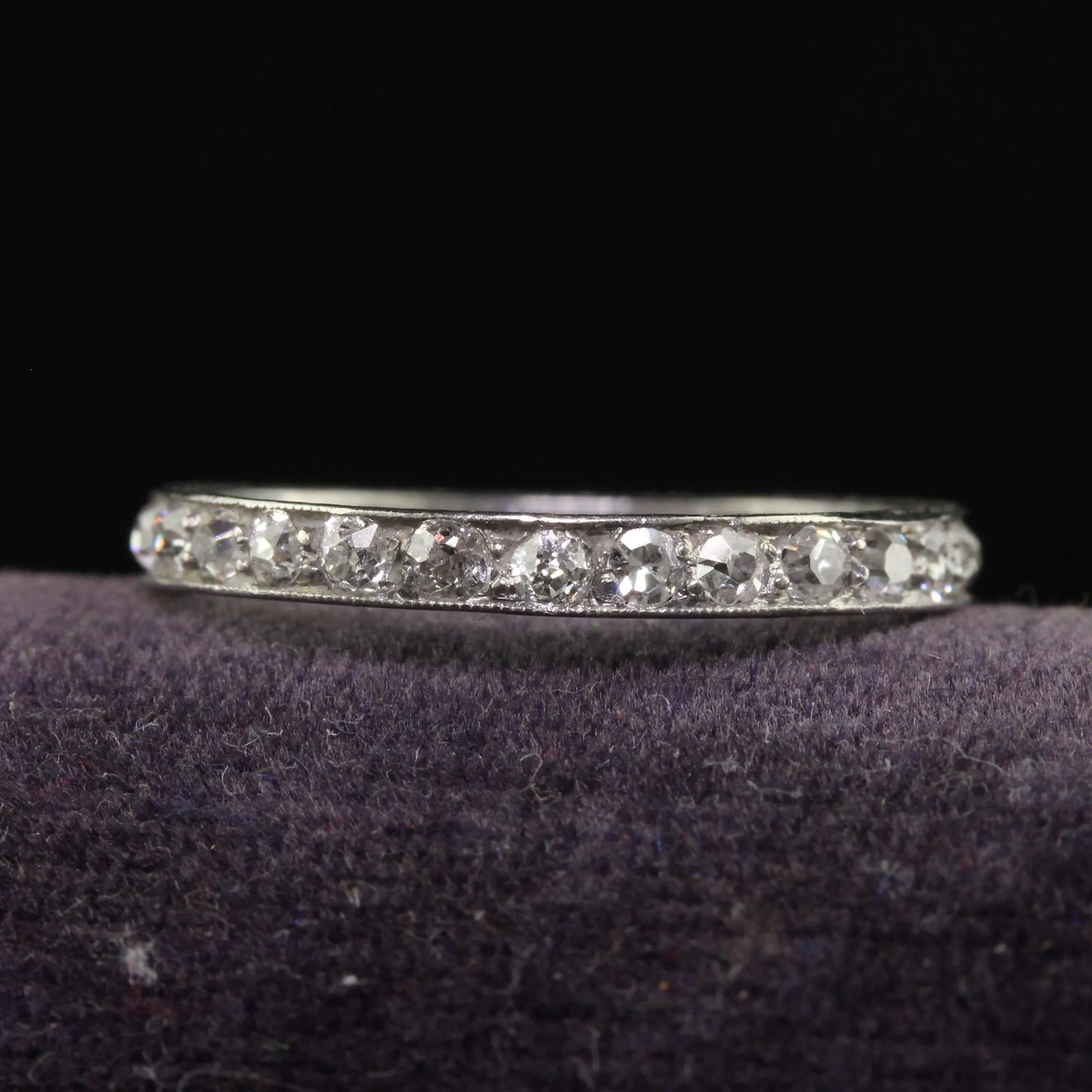 Antique Art Deco Platinum Engraved Old Mine Diamond Eternity Band - Size 5 1/4