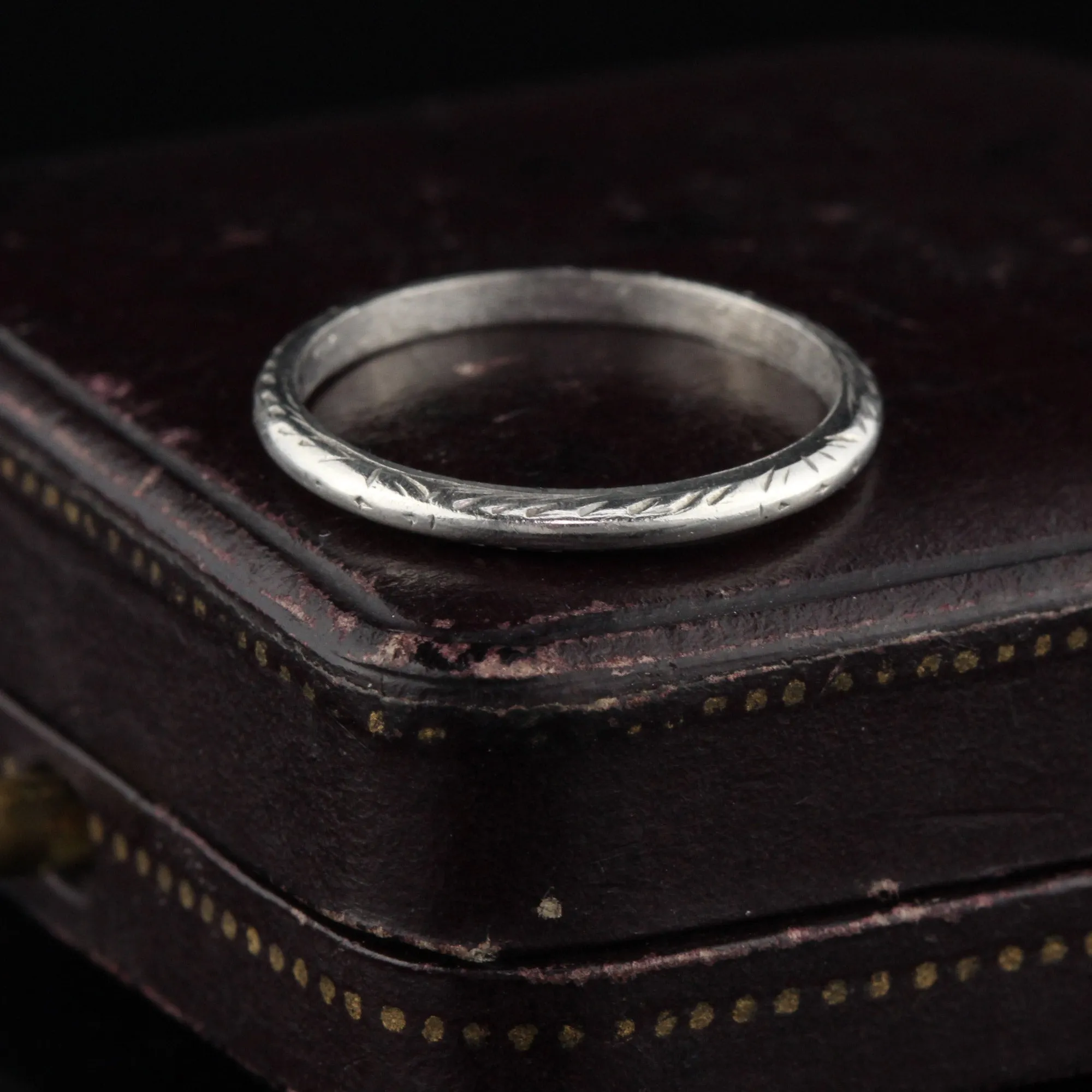 Antique Art Deco Platinum Engraved Wedding Band - Size 5.75