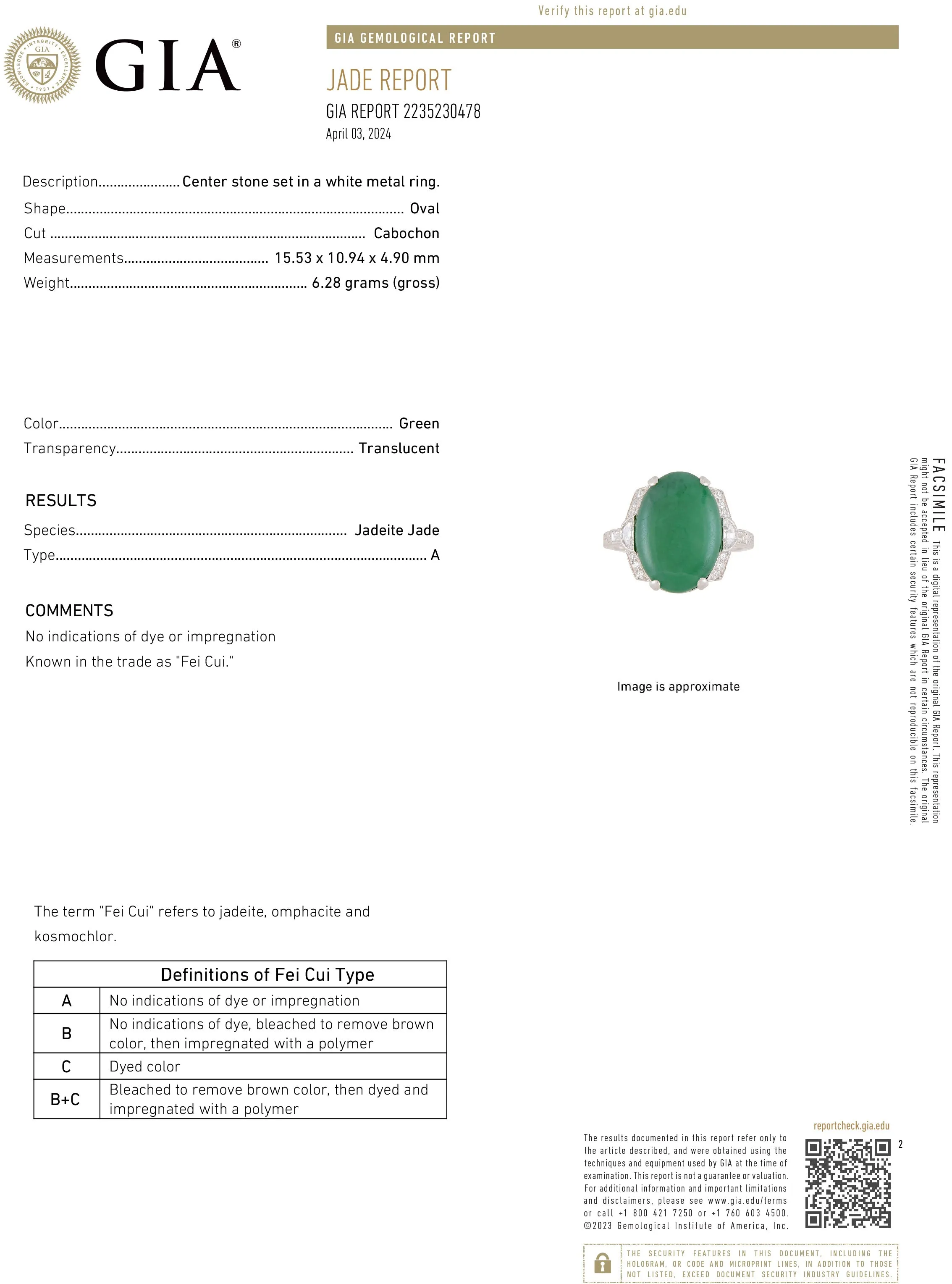 Antique Art Deco Platinum Natural Fei Cui Jade and Diamond Cocktail Ring - GIA