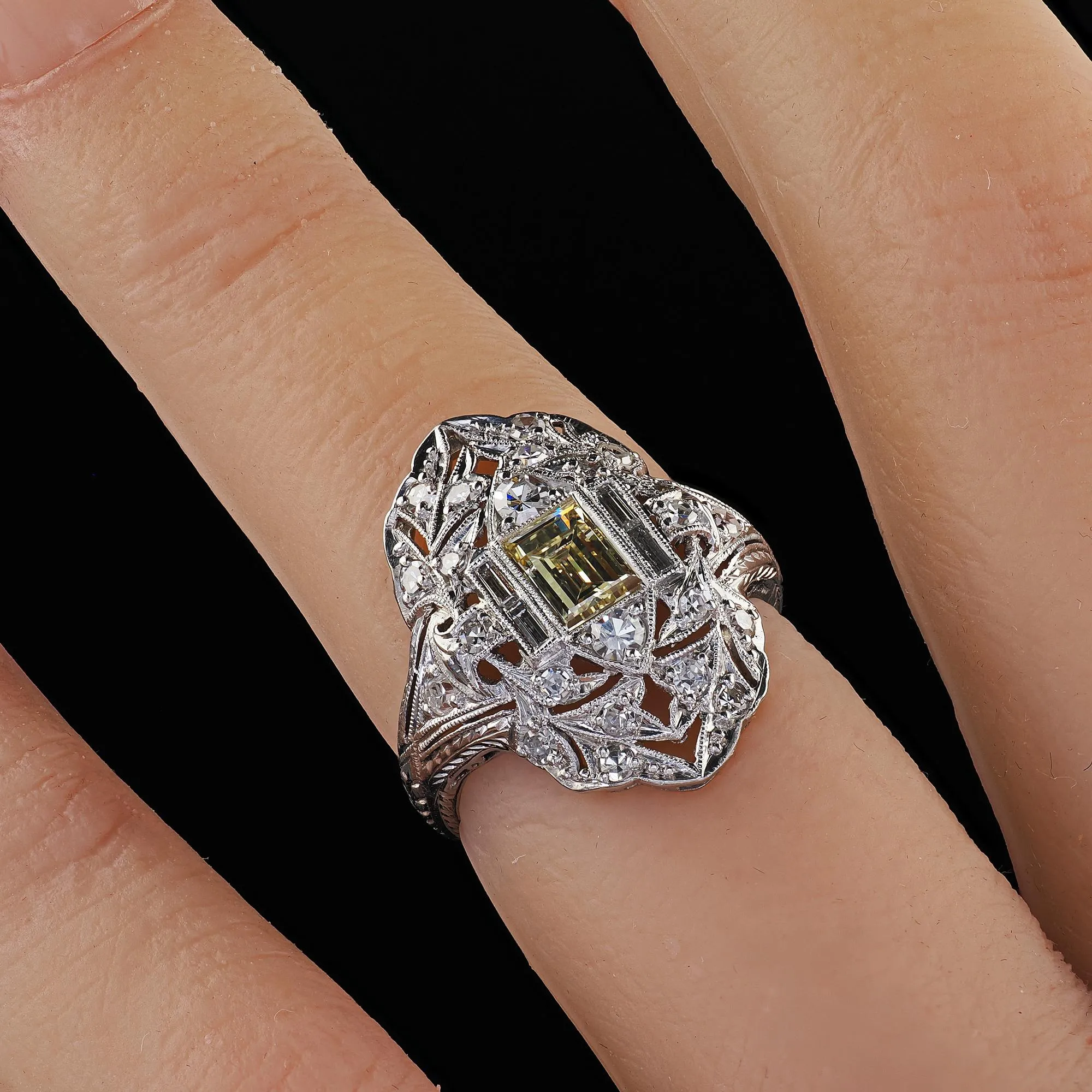 Antique Art Deco Platinum Old Carre Cut Diamond Filigree Shield Ring - GIA