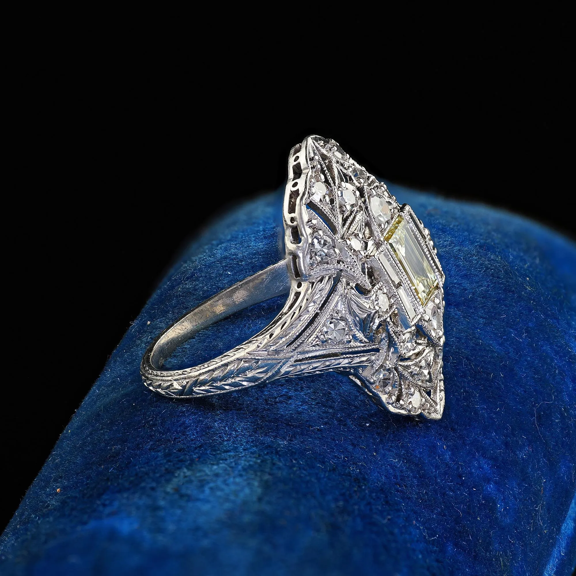 Antique Art Deco Platinum Old Carre Cut Diamond Filigree Shield Ring - GIA