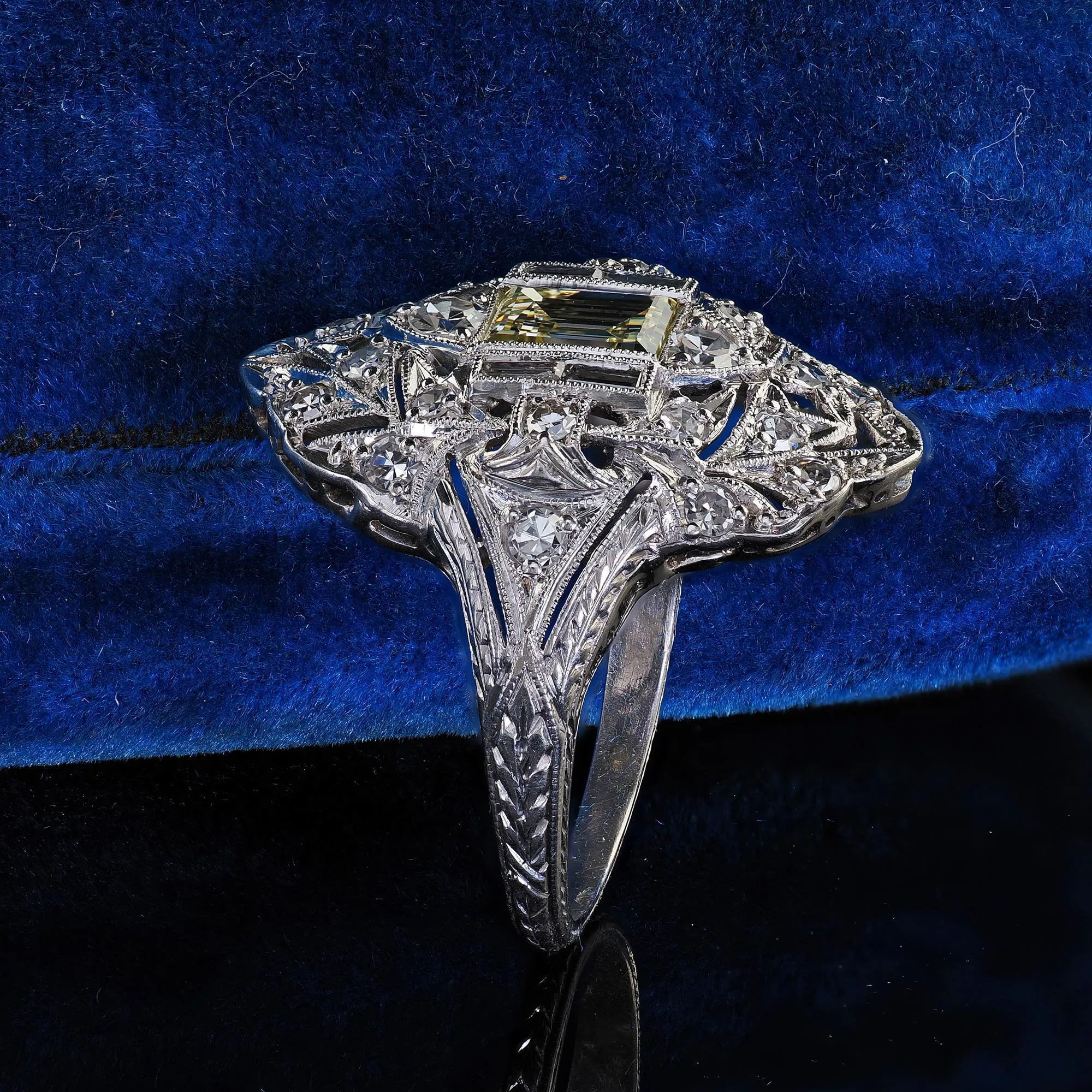 Antique Art Deco Platinum Old Carre Cut Diamond Filigree Shield Ring - GIA