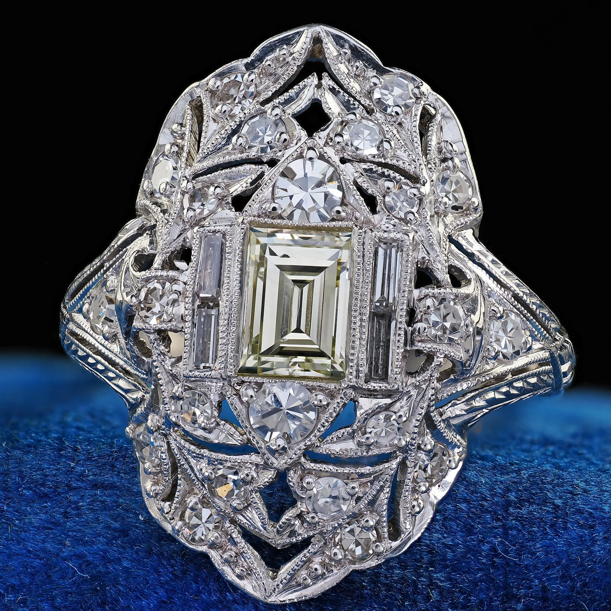 Antique Art Deco Platinum Old Carre Cut Diamond Filigree Shield Ring - GIA