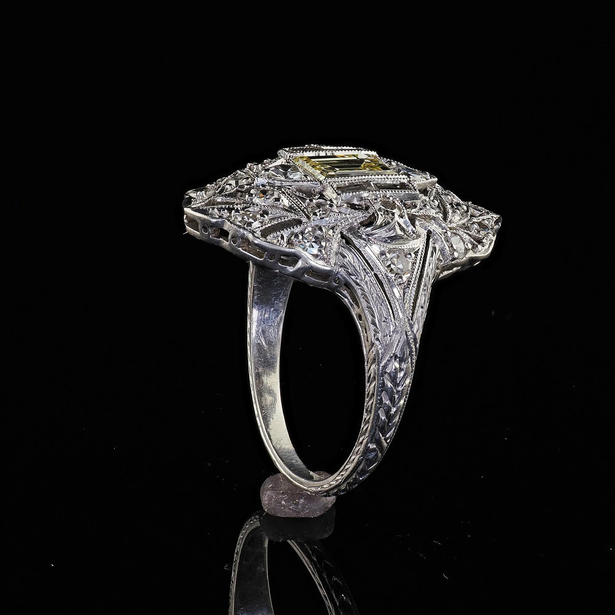 Antique Art Deco Platinum Old Carre Cut Diamond Filigree Shield Ring - GIA