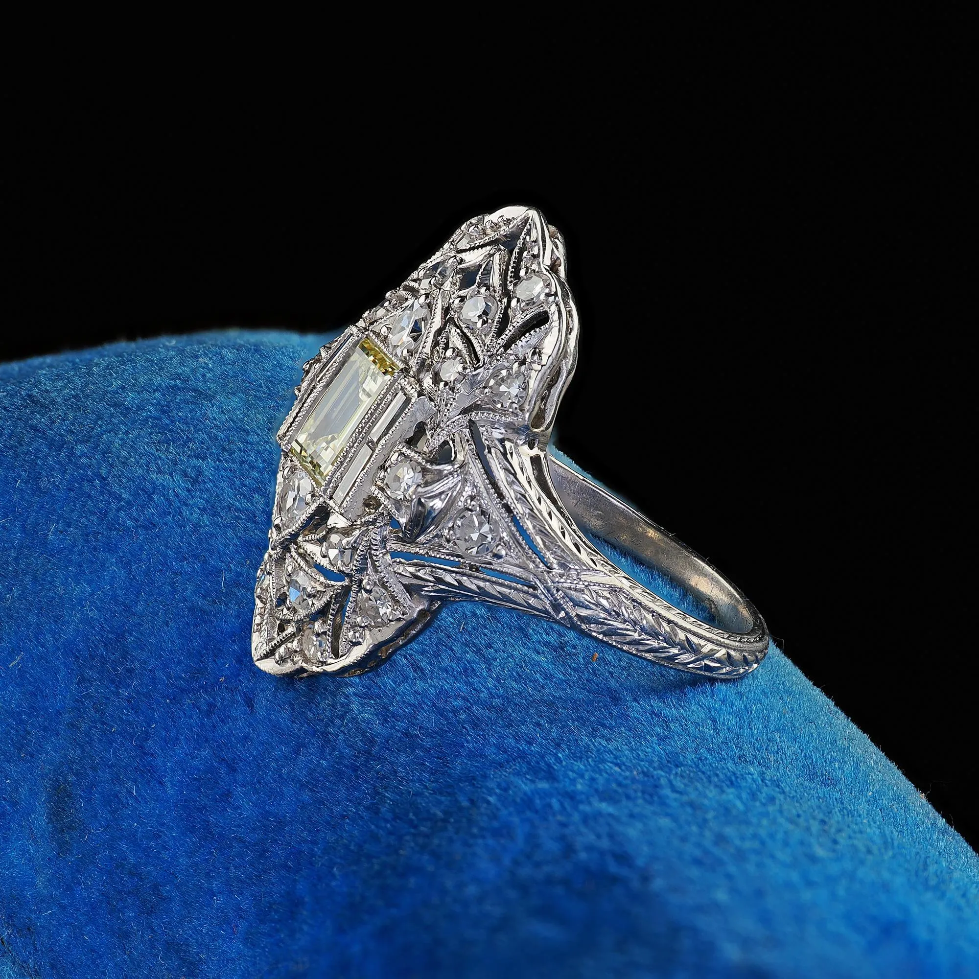 Antique Art Deco Platinum Old Carre Cut Diamond Filigree Shield Ring - GIA