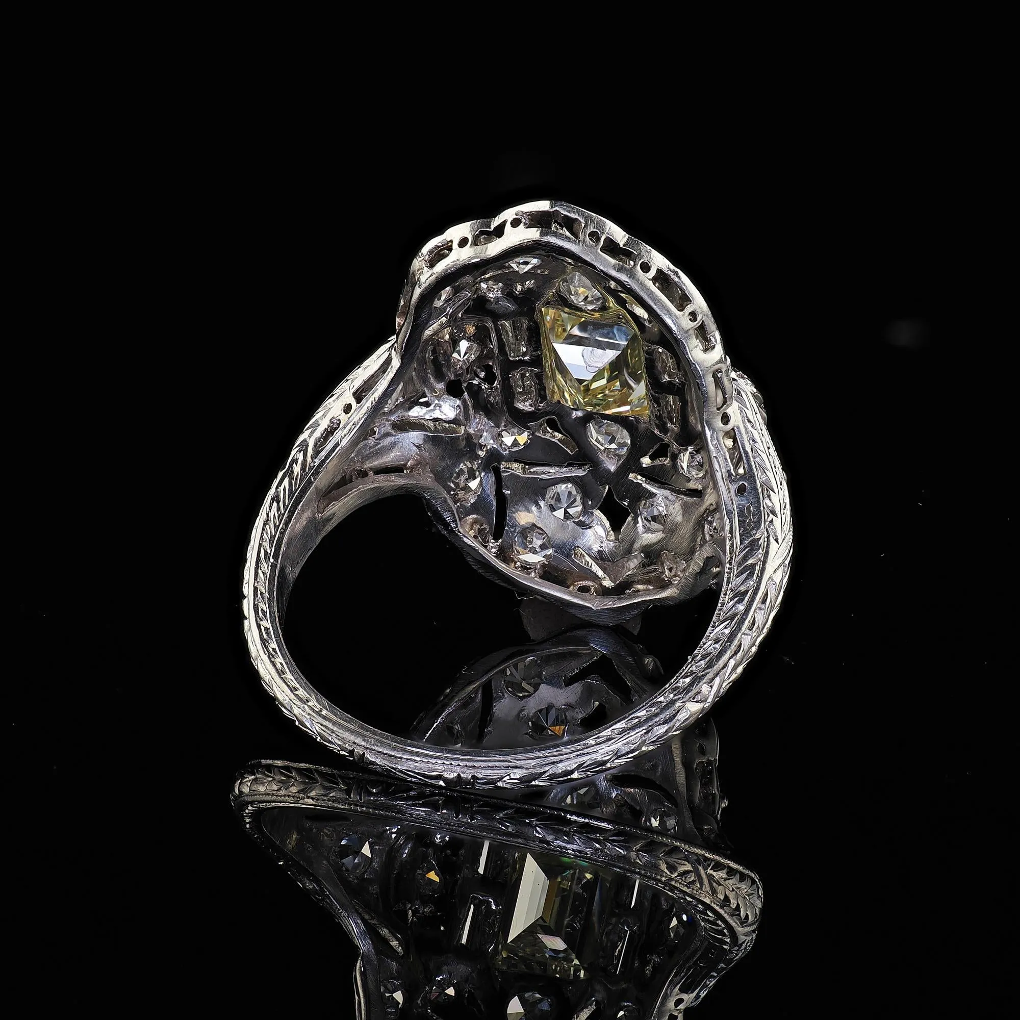 Antique Art Deco Platinum Old Carre Cut Diamond Filigree Shield Ring - GIA