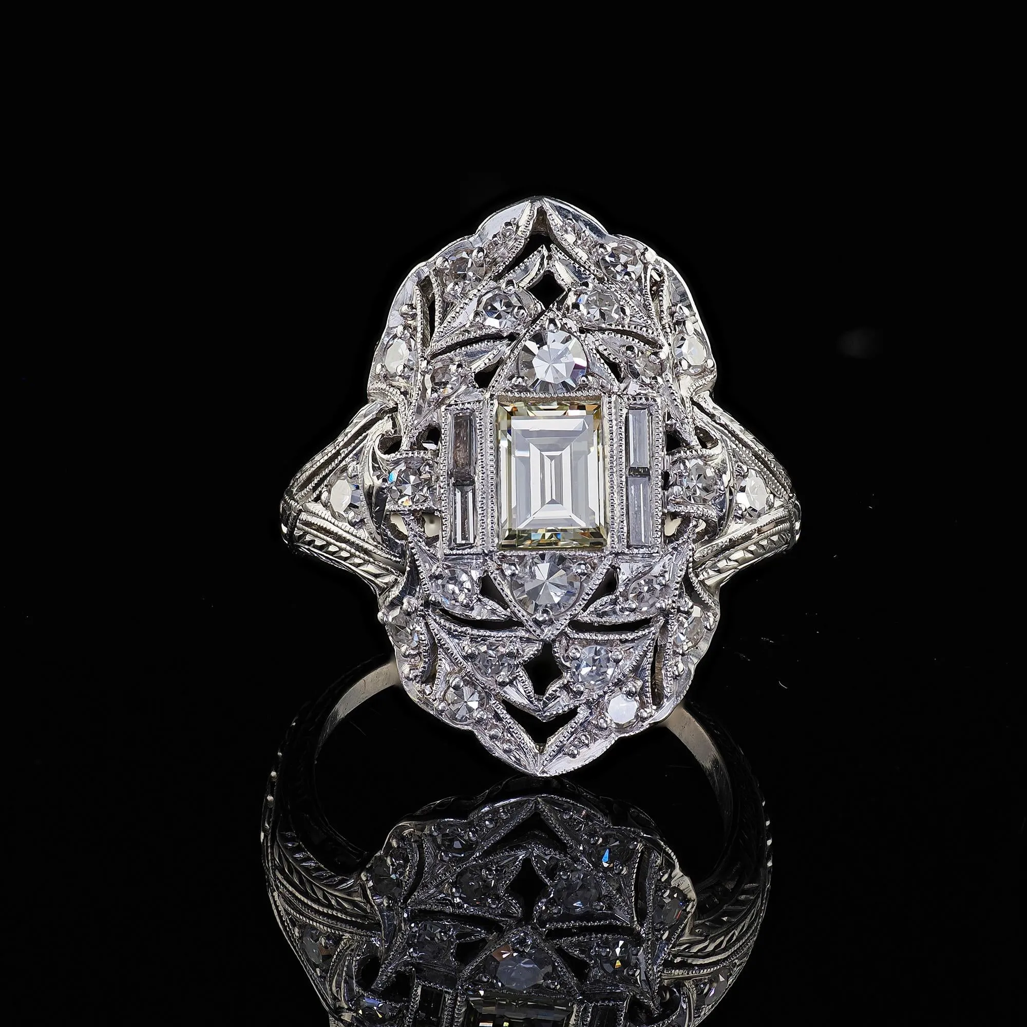 Antique Art Deco Platinum Old Carre Cut Diamond Filigree Shield Ring - GIA