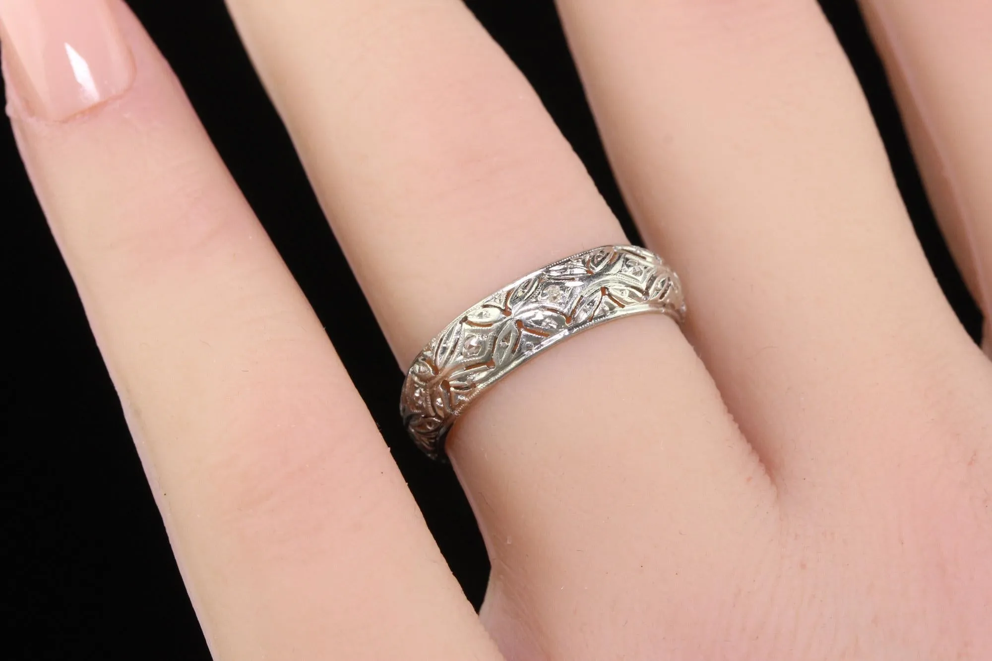 Antique Art Deco Platinum Old Cut Diamond Filigree Wedding Band - Size 6 1/2