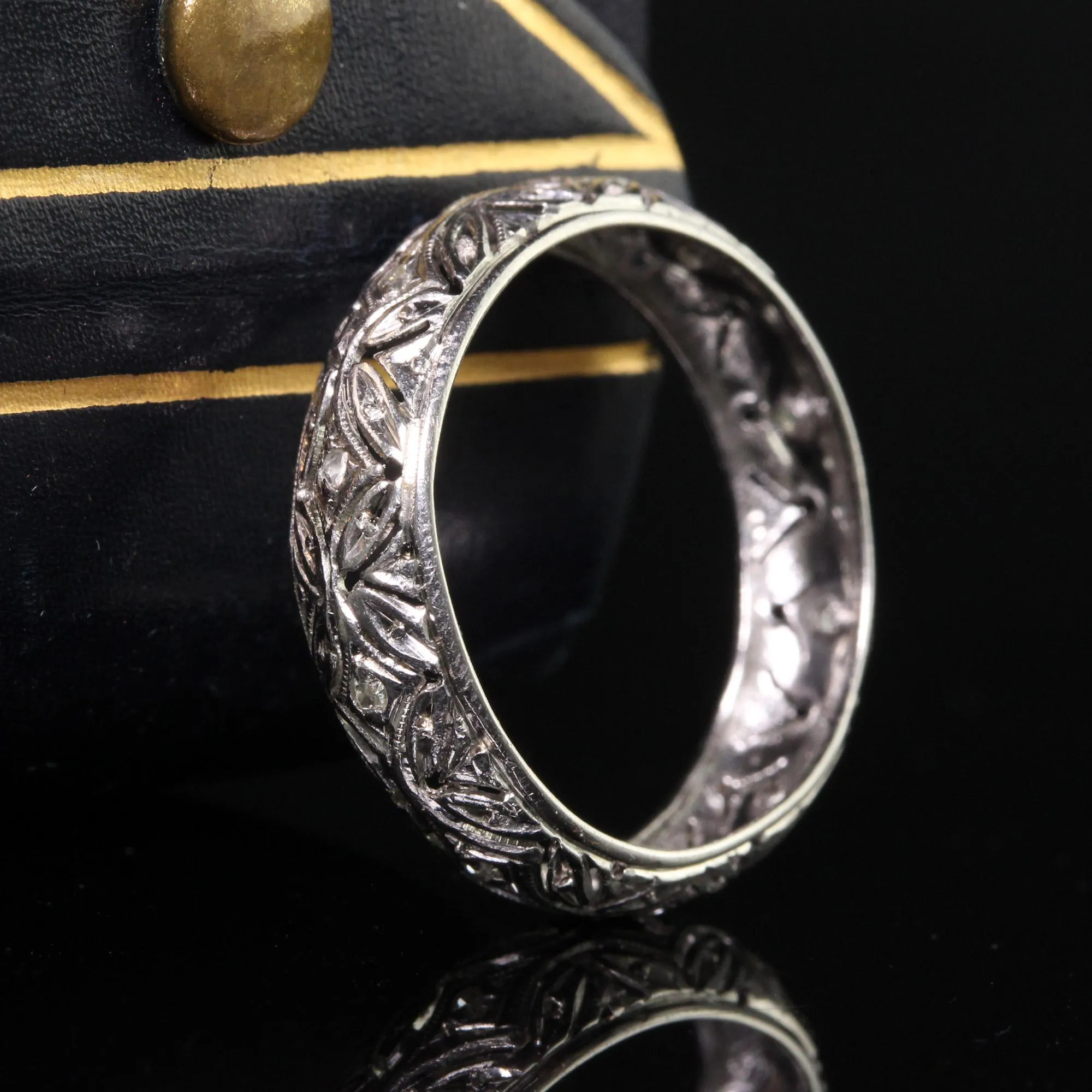 Antique Art Deco Platinum Old Cut Diamond Filigree Wedding Band - Size 6 1/2