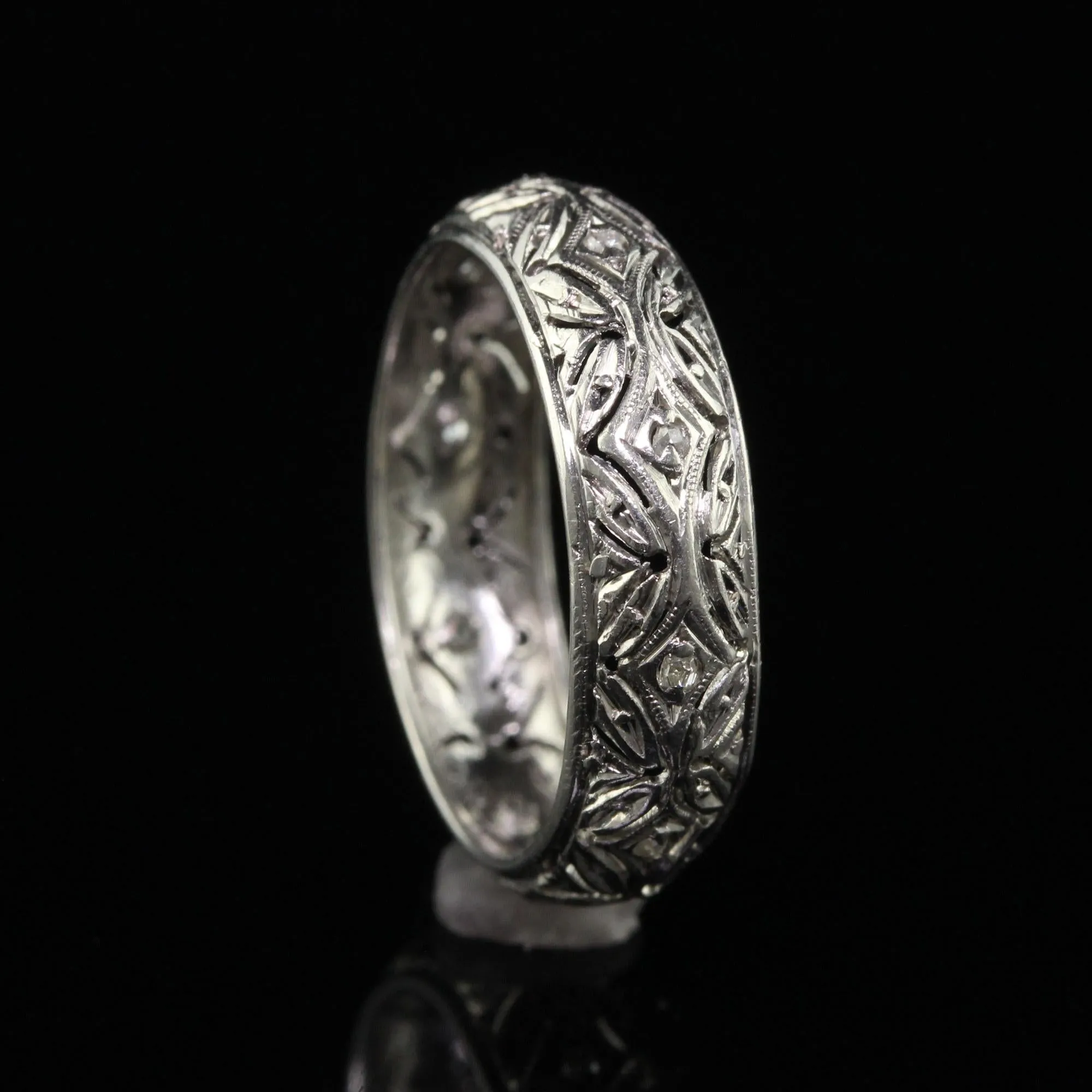 Antique Art Deco Platinum Old Cut Diamond Filigree Wedding Band - Size 6 1/2