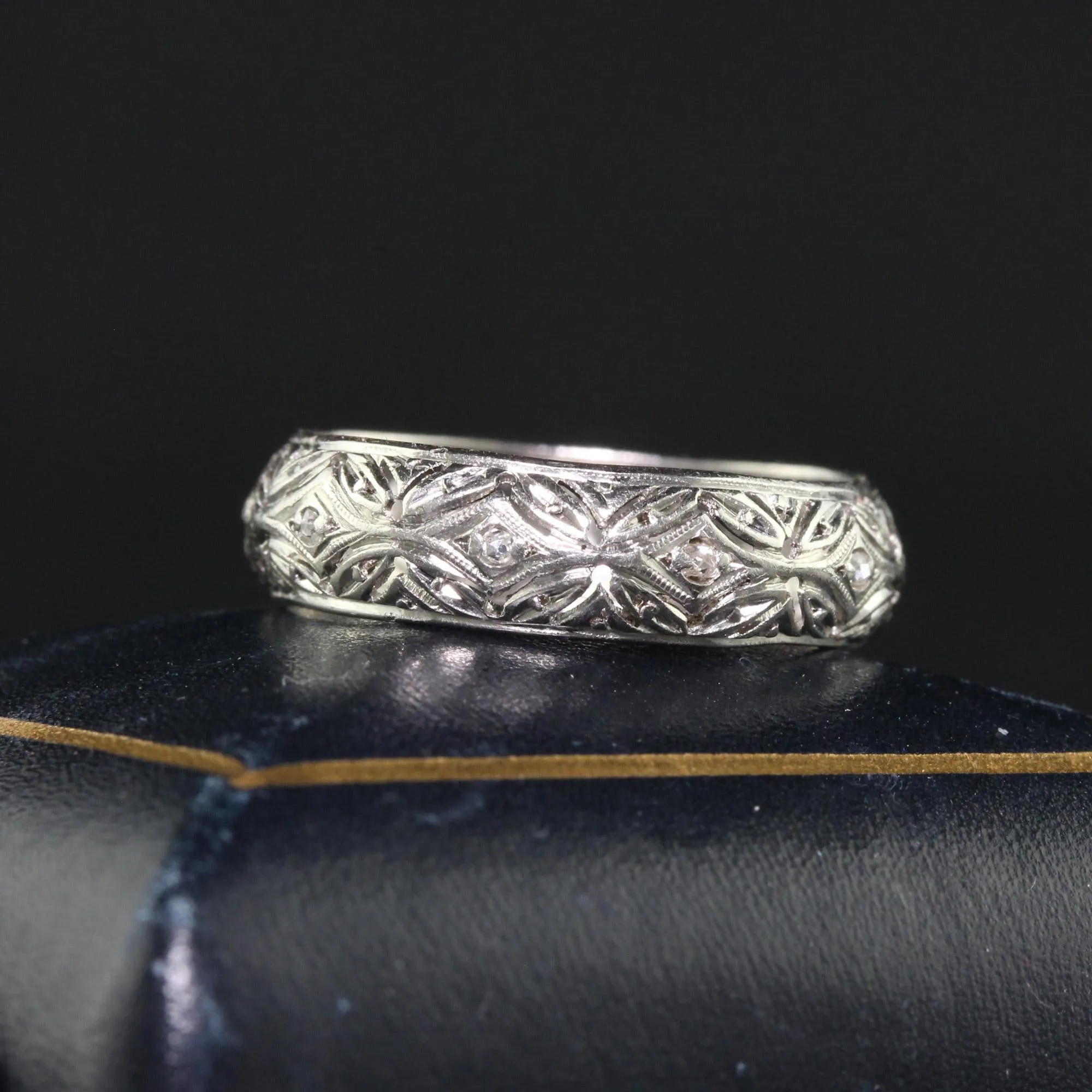 Antique Art Deco Platinum Old Cut Diamond Filigree Wedding Band - Size 6 1/2