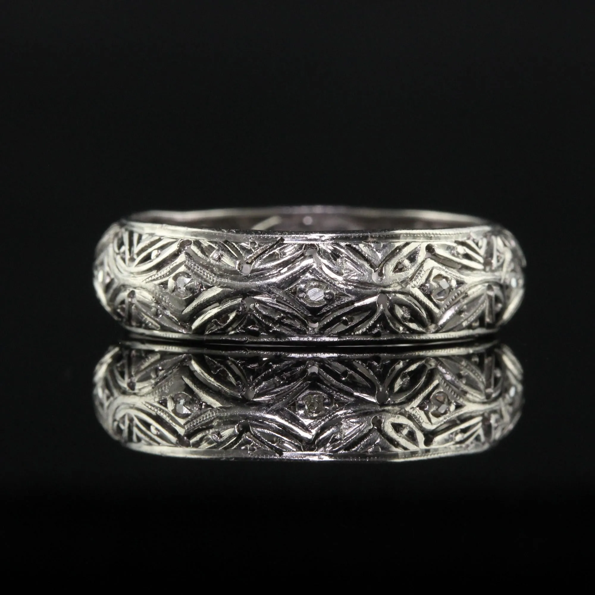 Antique Art Deco Platinum Old Cut Diamond Filigree Wedding Band - Size 6 1/2