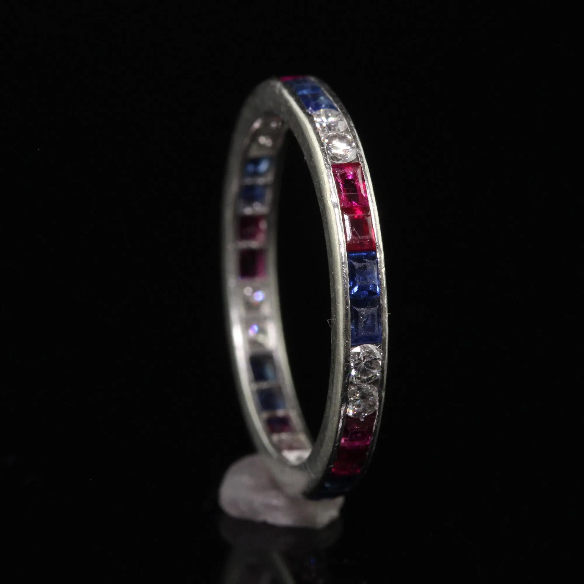 Antique Art Deco Platinum Old Cut Diamond Ruby and Sapphire Eternity Band