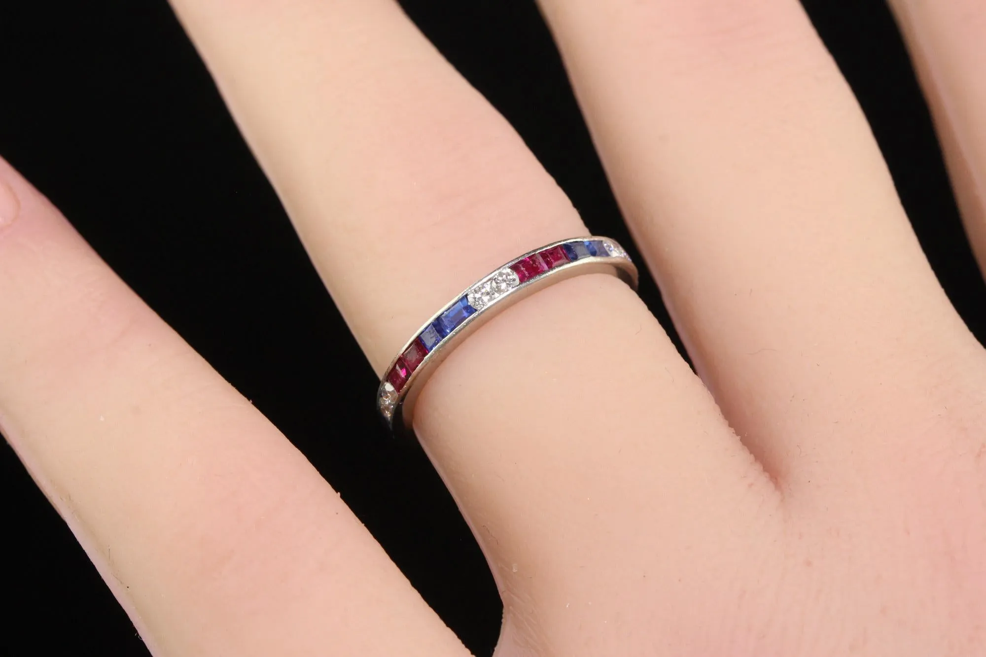 Antique Art Deco Platinum Old Cut Diamond Ruby and Sapphire Eternity Band