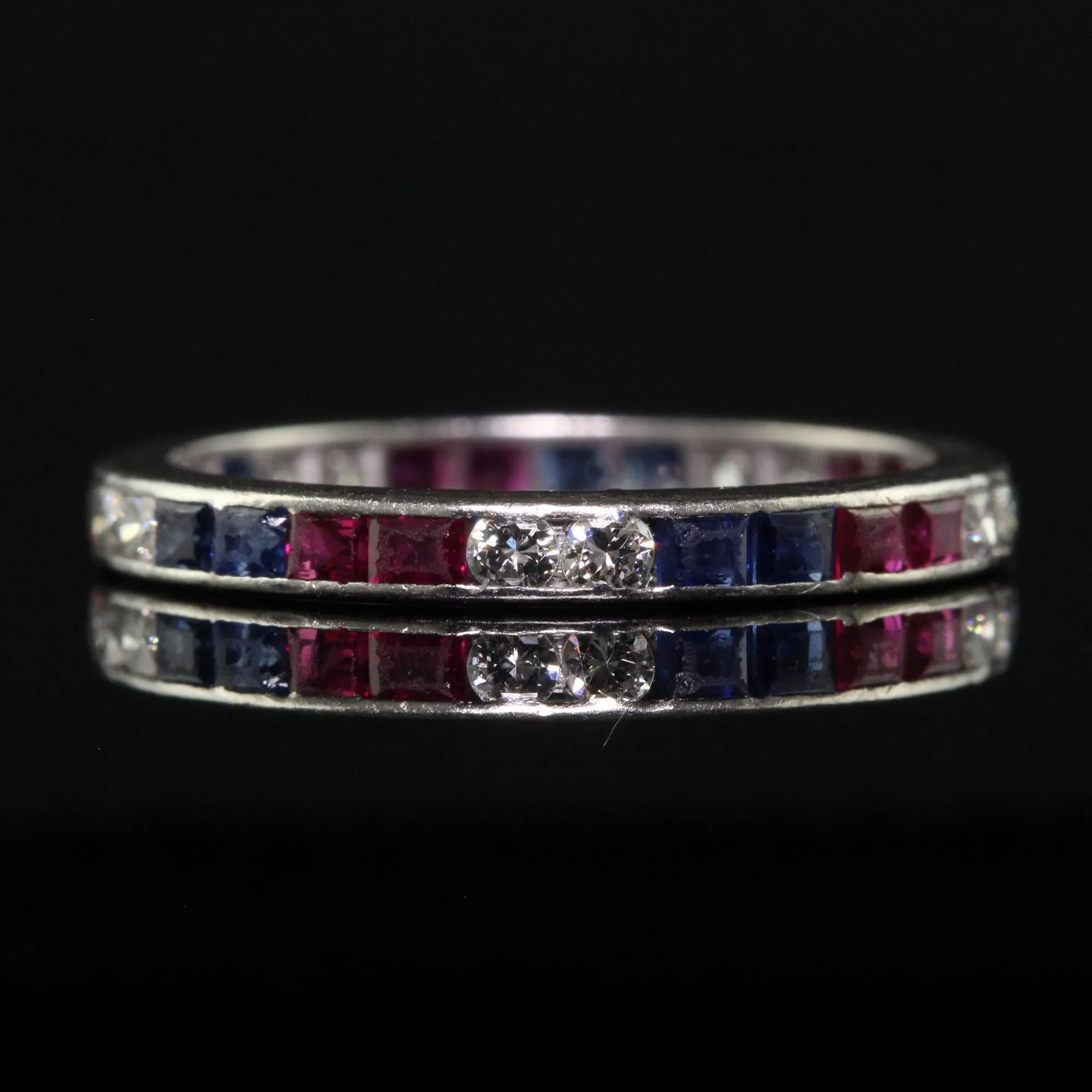 Antique Art Deco Platinum Old Cut Diamond Ruby and Sapphire Eternity Band