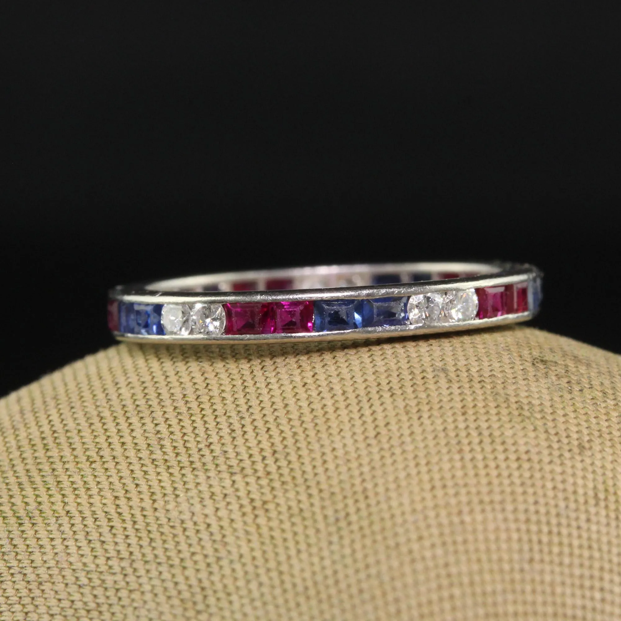 Antique Art Deco Platinum Old Cut Diamond Ruby and Sapphire Eternity Band