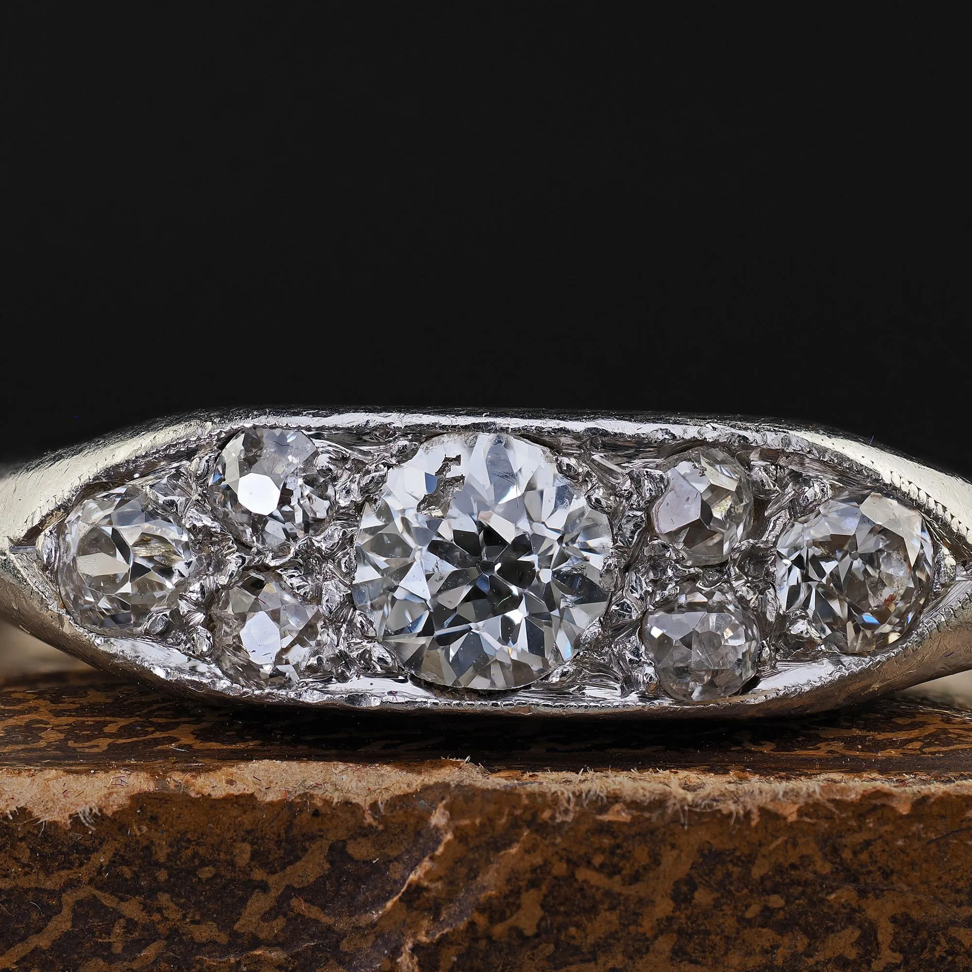 Antique Art Deco Platinum Old Euro Diamond Cluster Band - Size 8