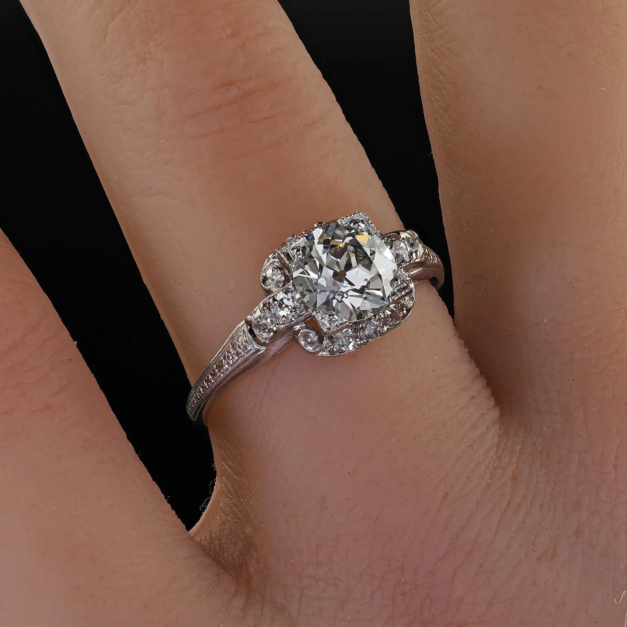 Antique Art Deco Platinum Old European Cut Diamond Engagement Ring - GIA