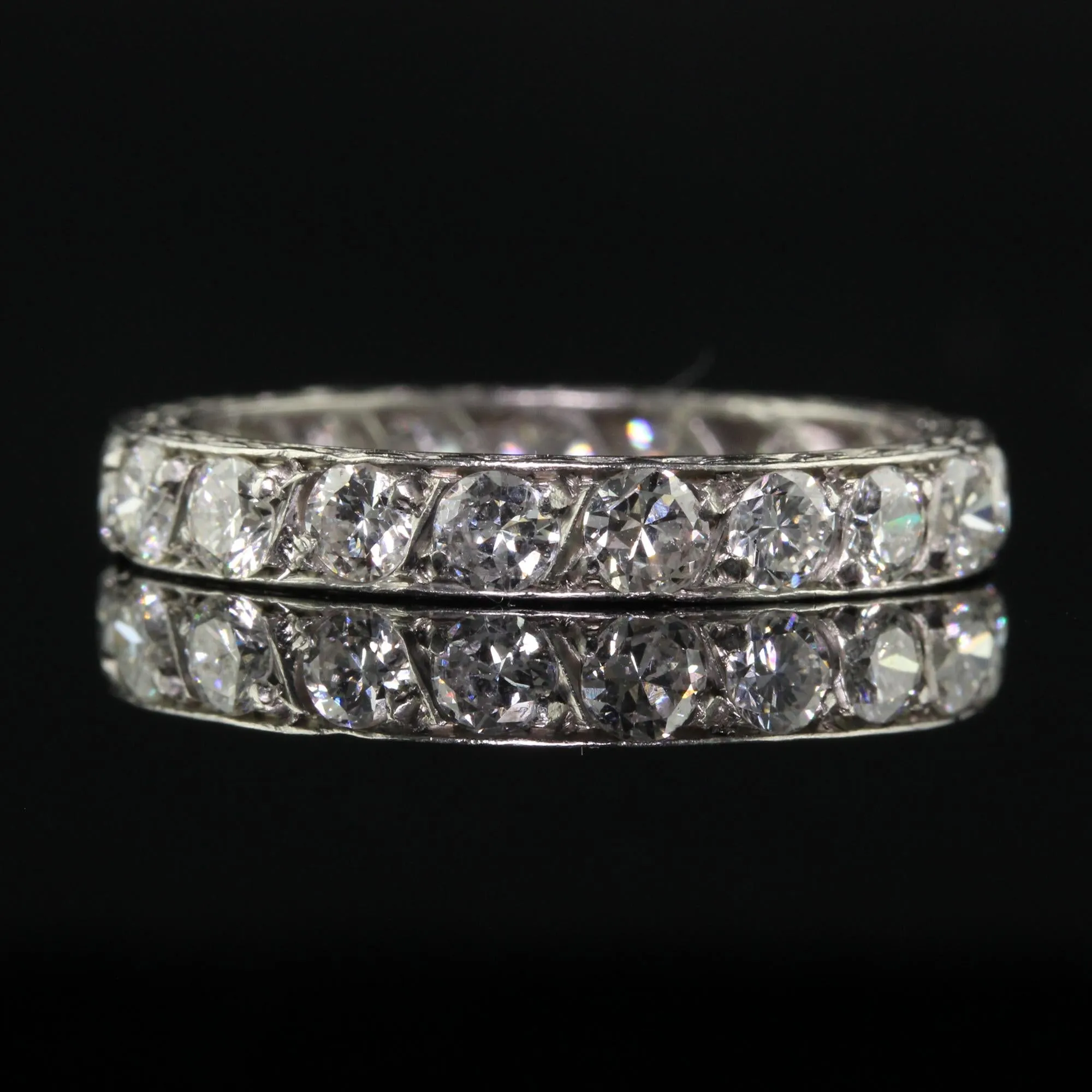 Antique Art Deco Platinum Old European Cut Diamond Engraved Eternity Band