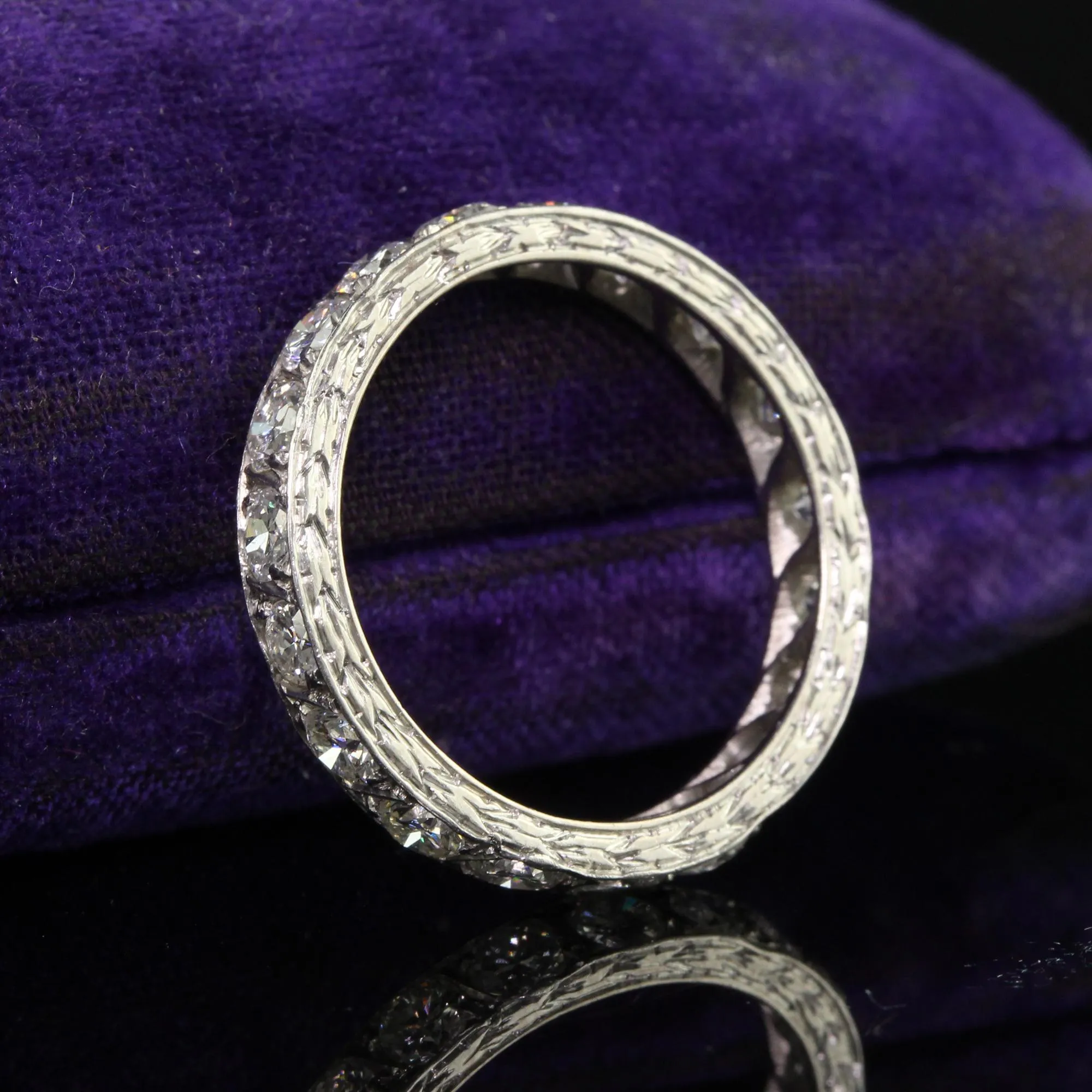 Antique Art Deco Platinum Old European Cut Diamond Engraved Eternity Band