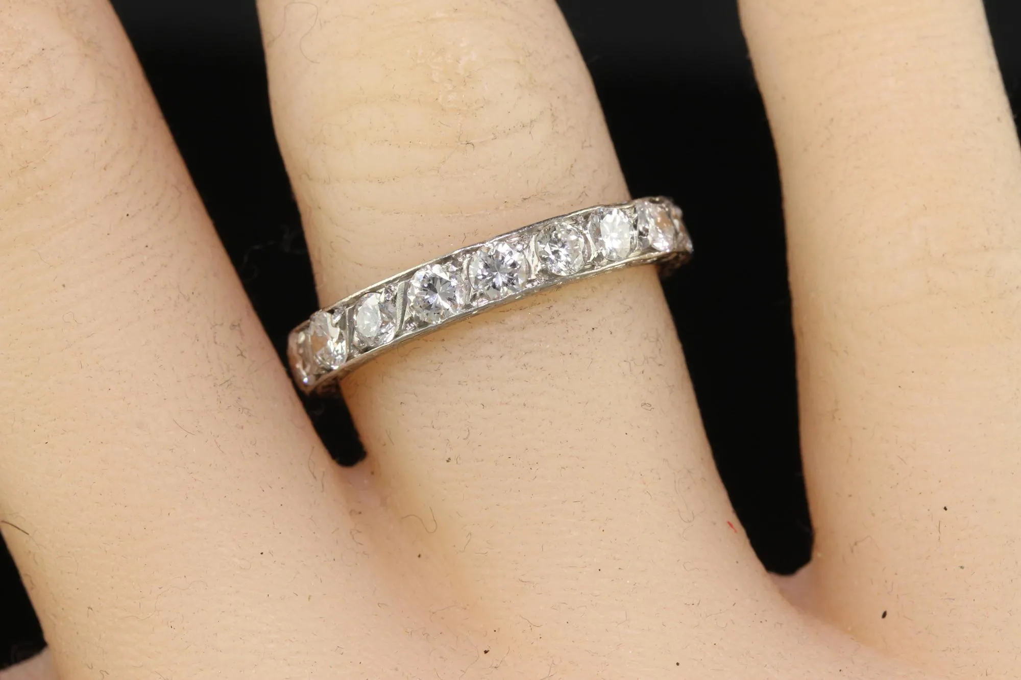 Antique Art Deco Platinum Old European Cut Diamond Engraved Eternity Band