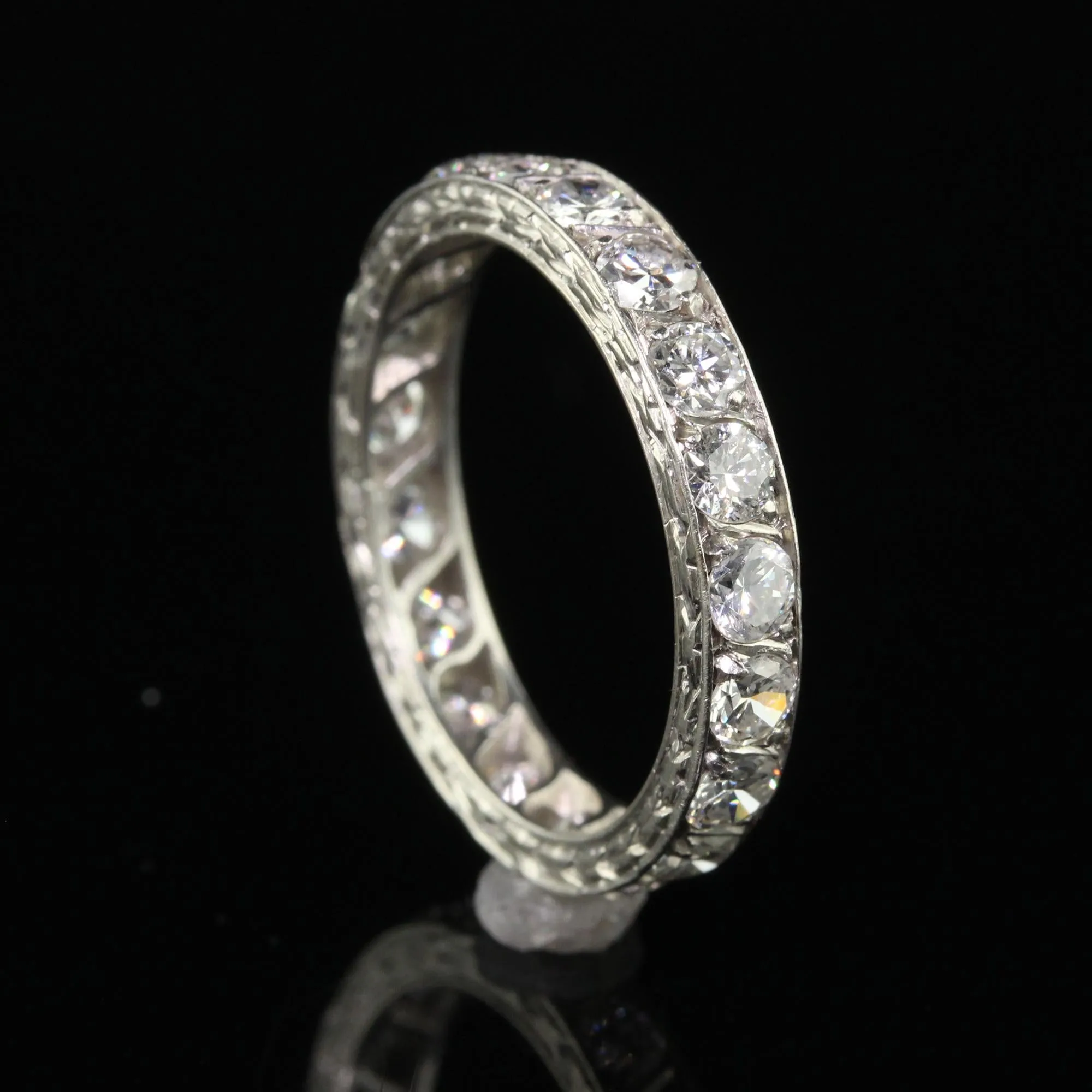 Antique Art Deco Platinum Old European Cut Diamond Engraved Eternity Band