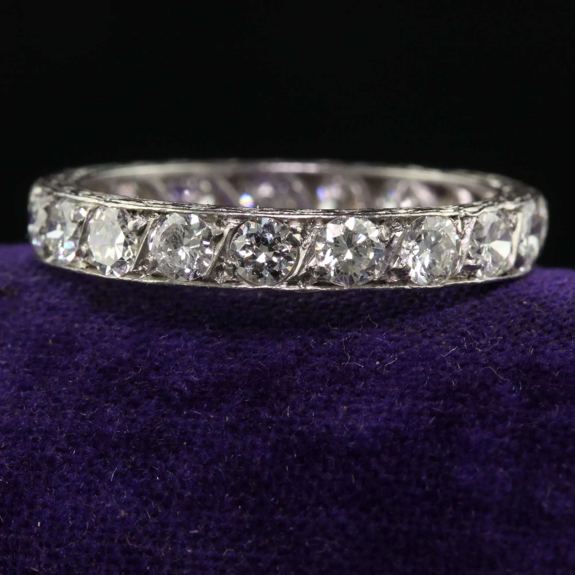 Antique Art Deco Platinum Old European Cut Diamond Engraved Eternity Band