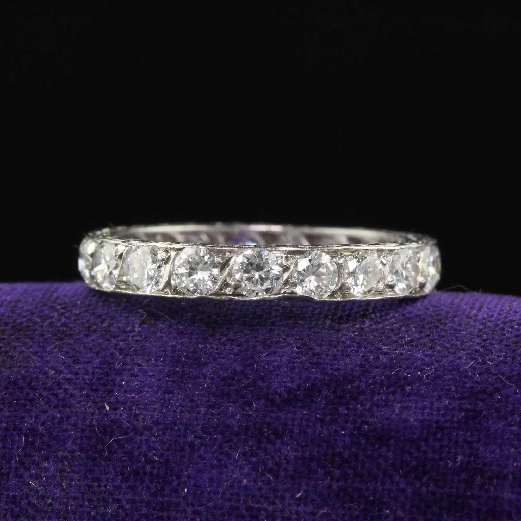Antique Art Deco Platinum Old European Cut Diamond Engraved Eternity Band