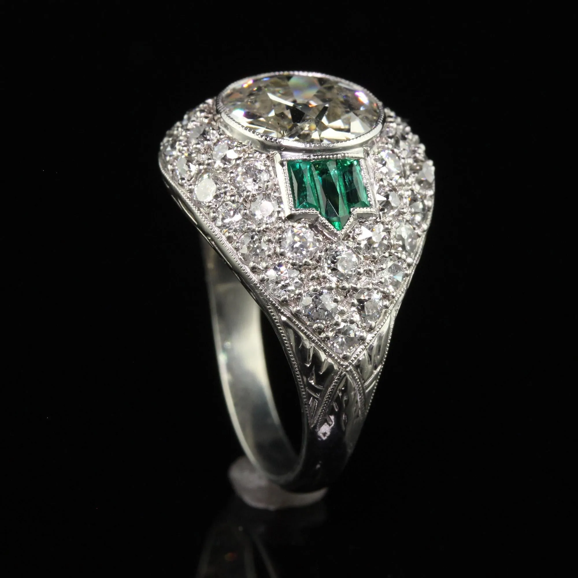 Antique Art Deco Platinum Old European Diamond and Emerald Engagement Ring - GIA