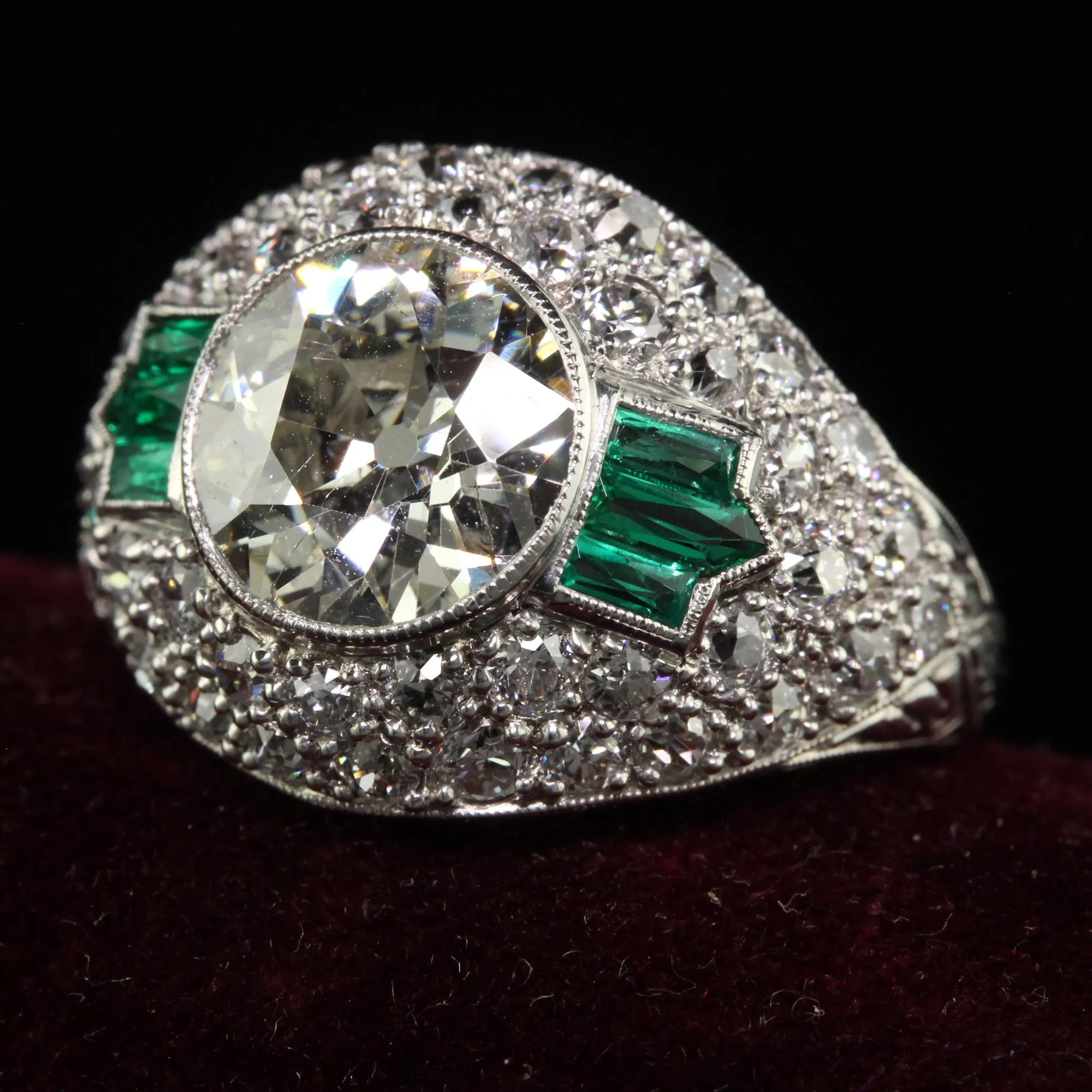 Antique Art Deco Platinum Old European Diamond and Emerald Engagement Ring - GIA