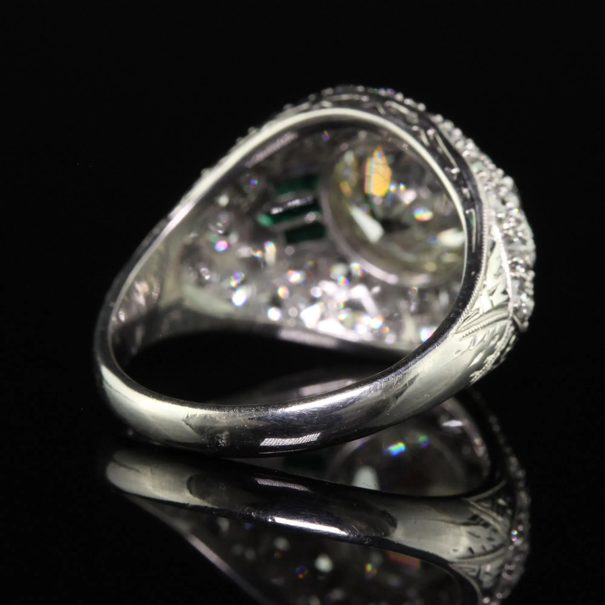 Antique Art Deco Platinum Old European Diamond and Emerald Engagement Ring - GIA