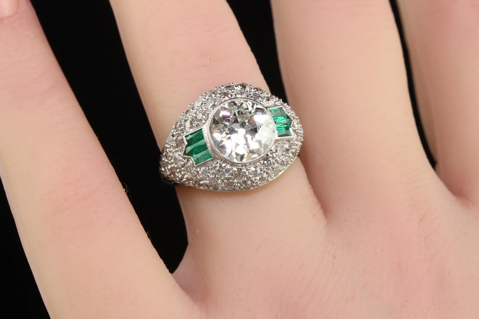 Antique Art Deco Platinum Old European Diamond and Emerald Engagement Ring - GIA