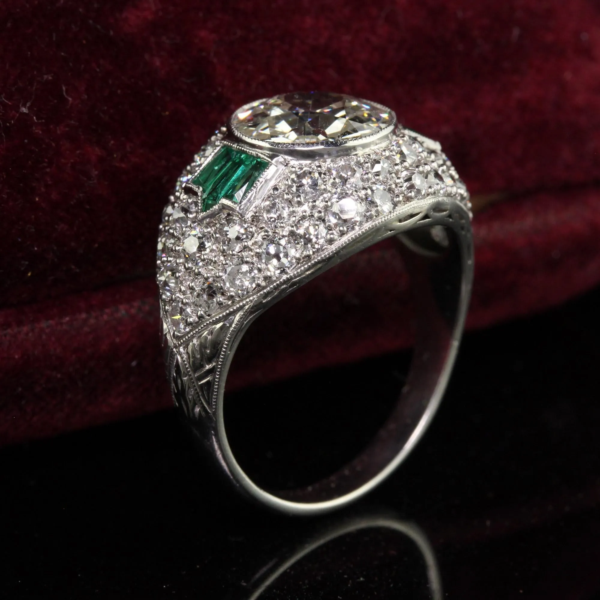 Antique Art Deco Platinum Old European Diamond and Emerald Engagement Ring - GIA