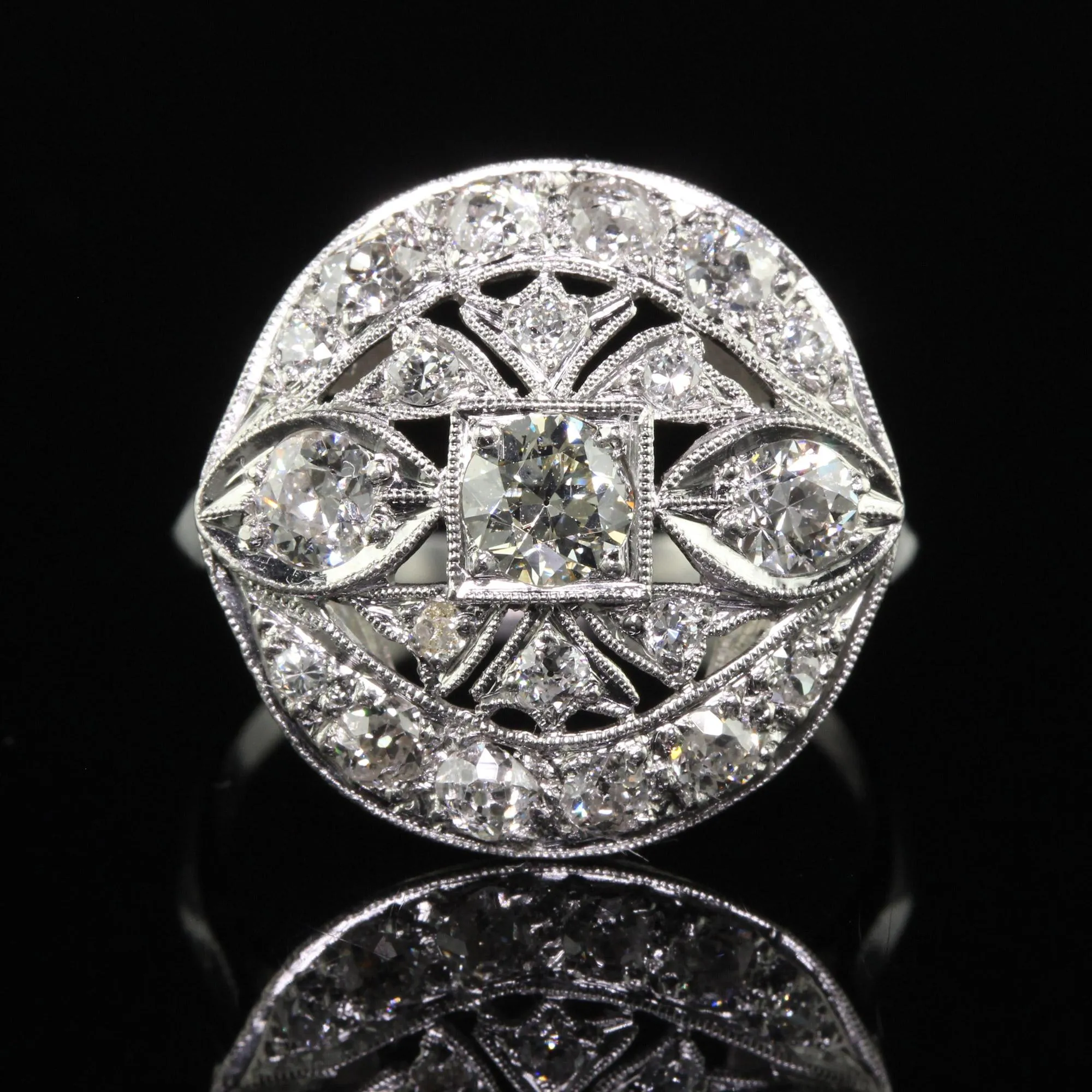 Antique Art Deco Platinum Old European Diamond Filigree Cocktail Ring