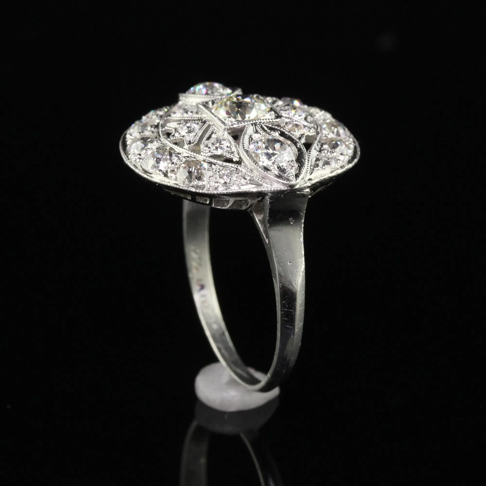 Antique Art Deco Platinum Old European Diamond Filigree Cocktail Ring